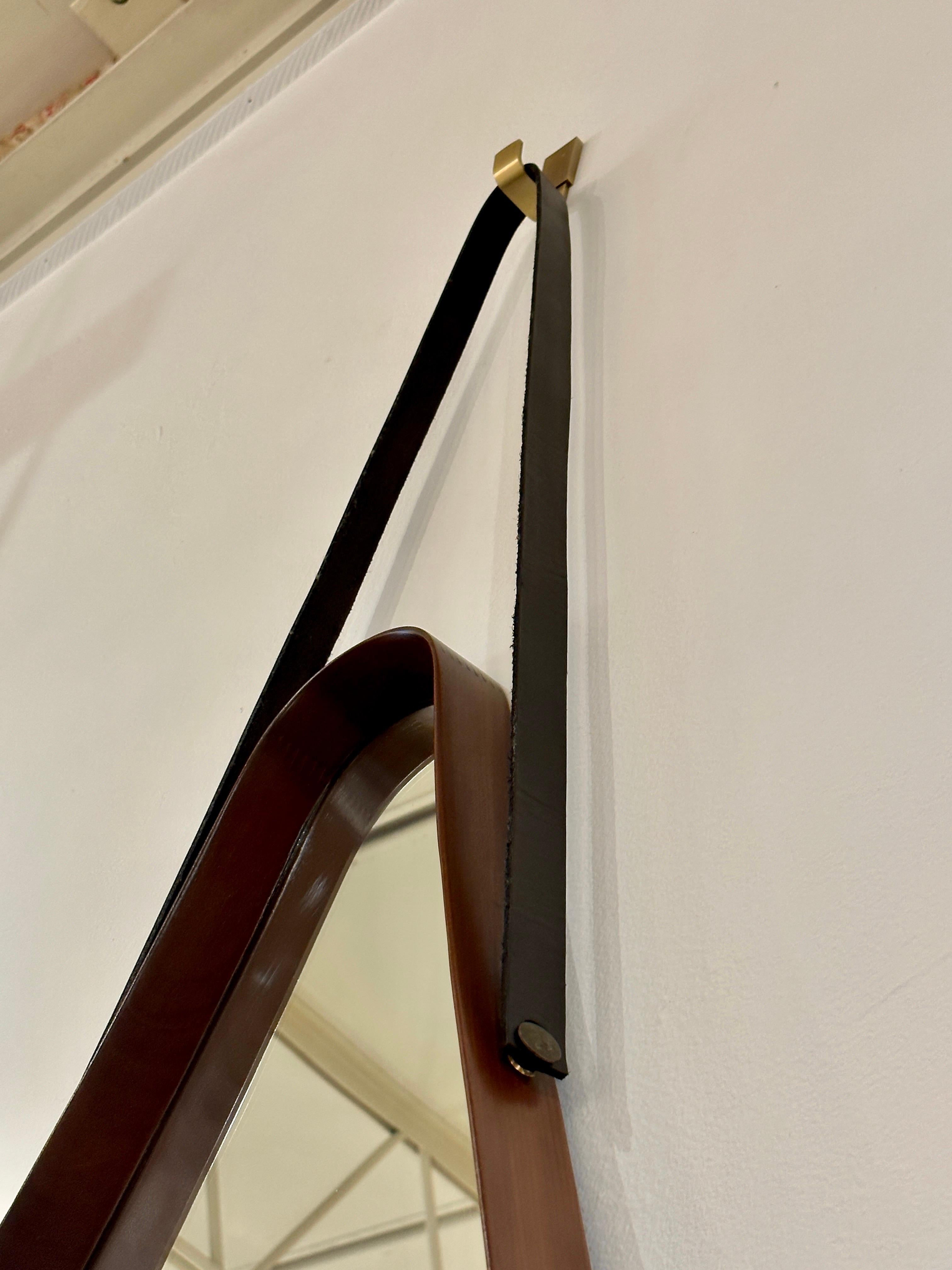 Mid-Century Modern Italian Mid-century Walnut Frame & Leather Hanging Mirror