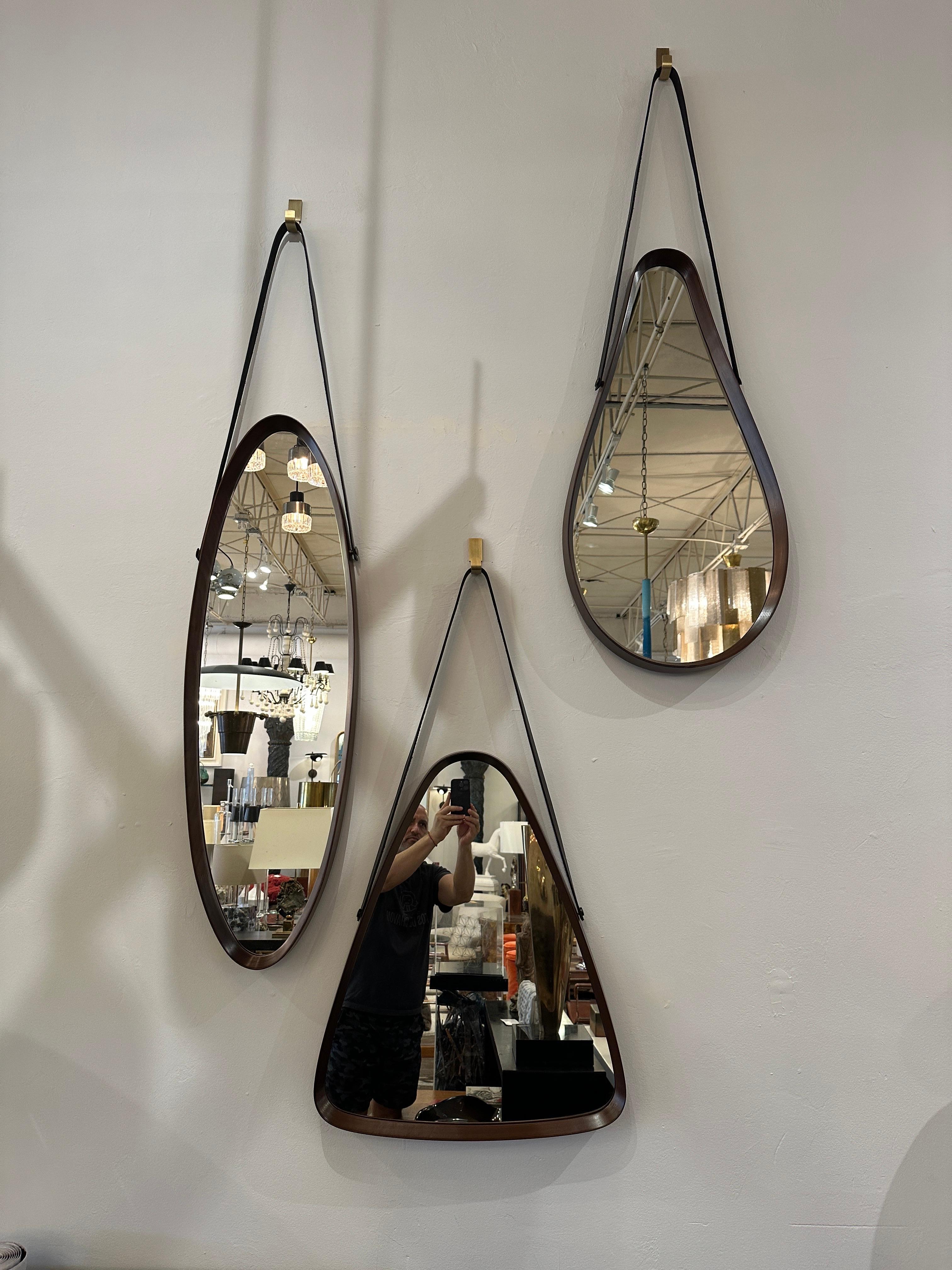 Mid-20th Century Italian Mid-century Walnut Frame & Leather Hanging Mirror For Sale