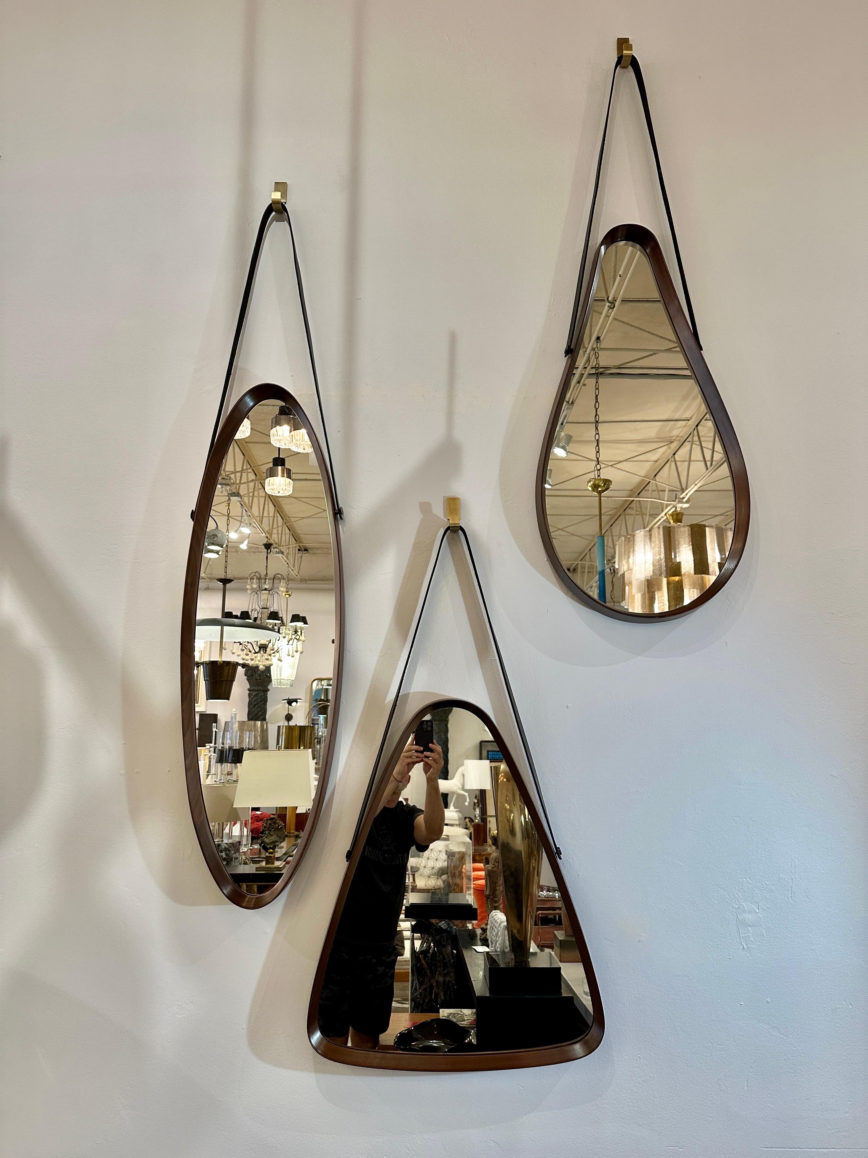 Italian Mid-century Walnut Frame & Leather Hanging Mirror For Sale 1