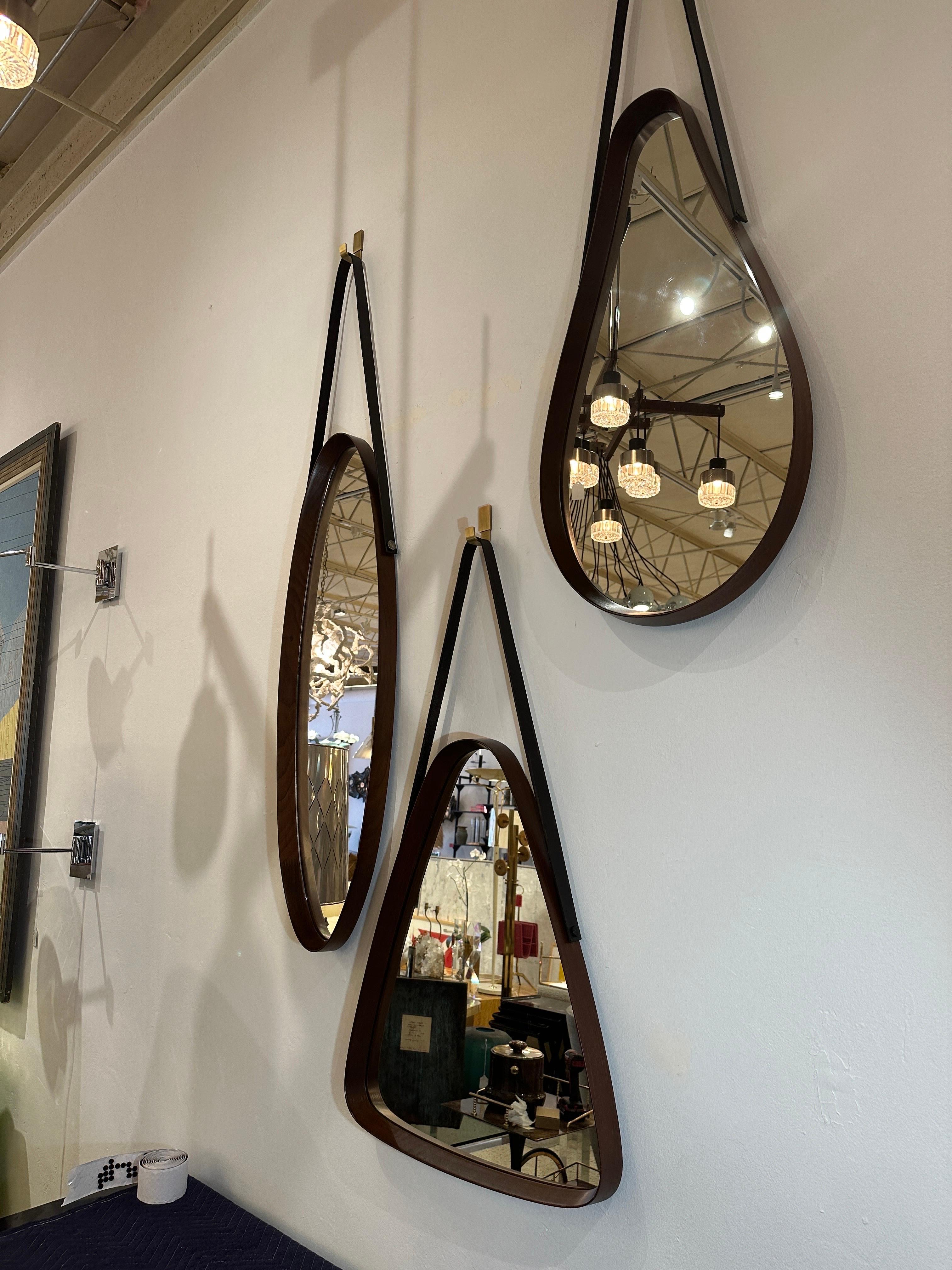 Italian Mid-century Walnut Frame & Leather Hanging Mirror For Sale 1