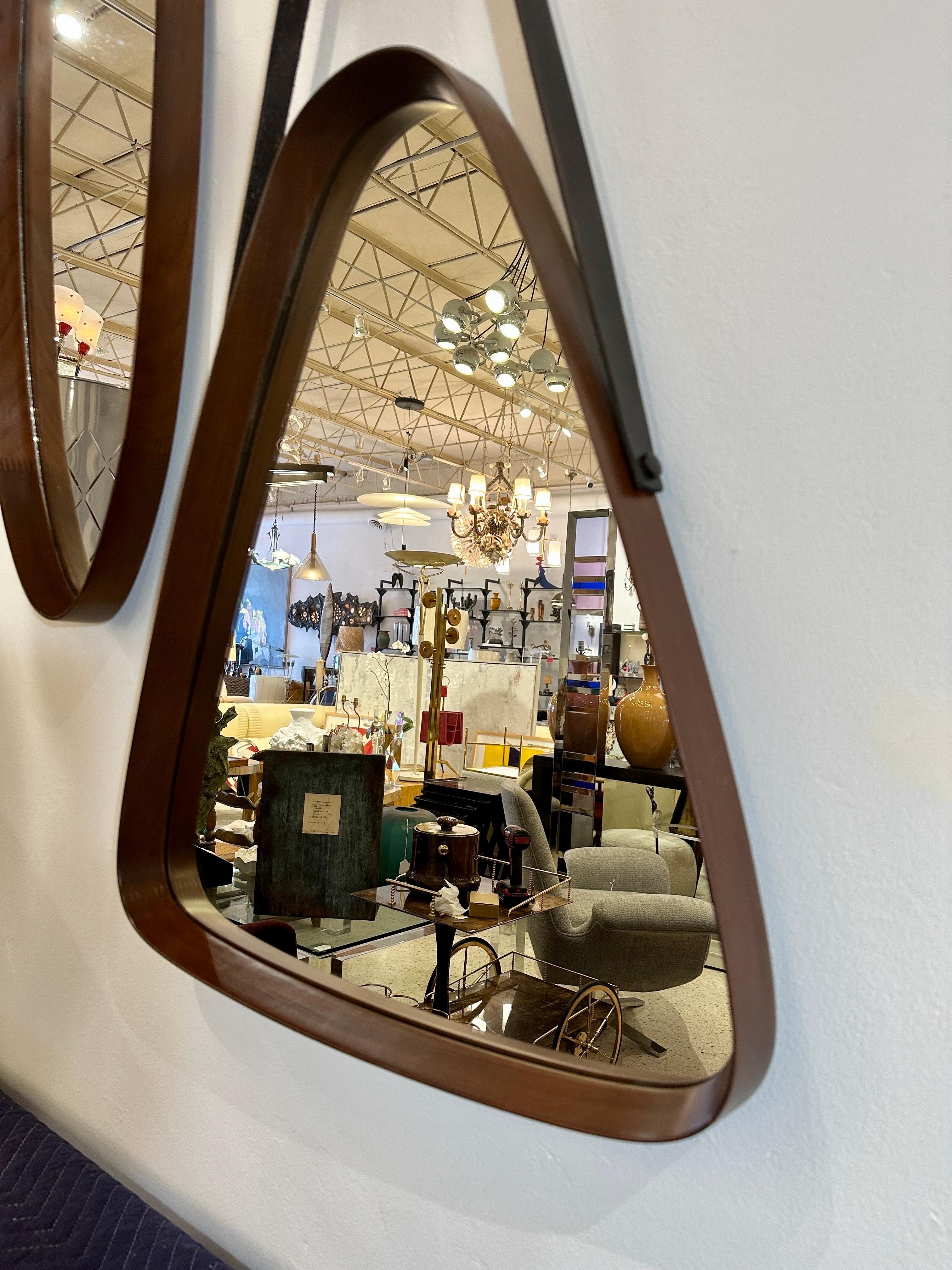 Italian Mid-century Walnut Frame & Leather Hanging Mirror 2