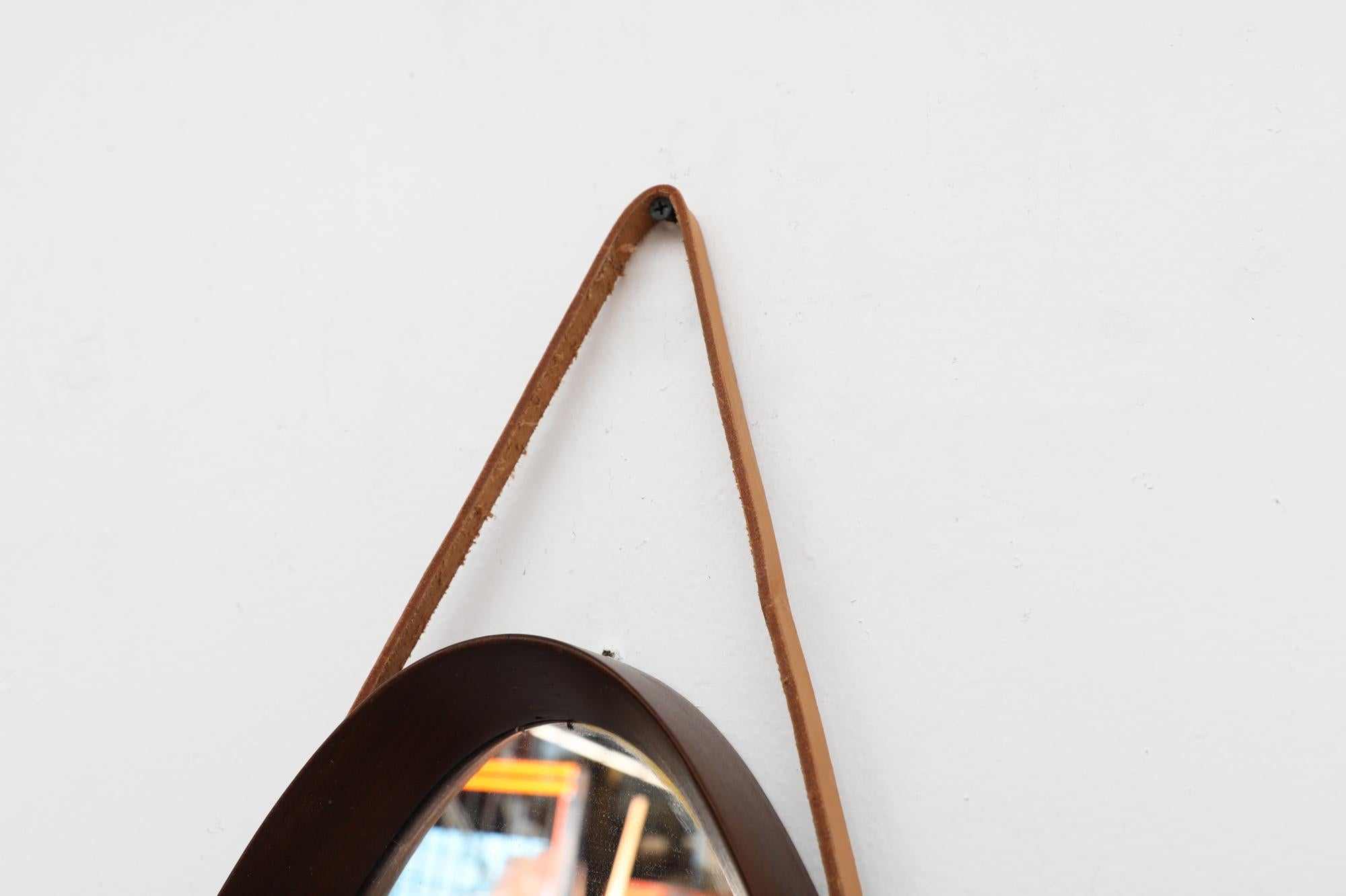 Italian Jacques Adnet Style Mid-Century Teak Oval Mirror with Leather Strap For Sale 2