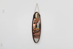 Italian Mid-Century Bent Teak Long Oval Mirror with Rope Strap
