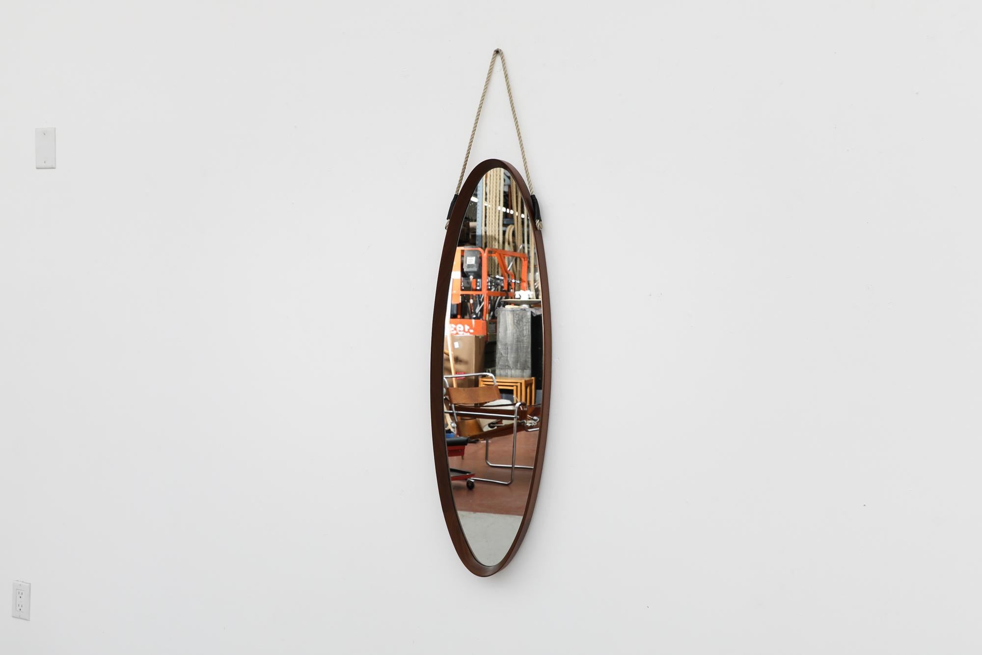 Italian Mid-Century Teak Oval Mirror with Rope Strap In Good Condition For Sale In Los Angeles, CA