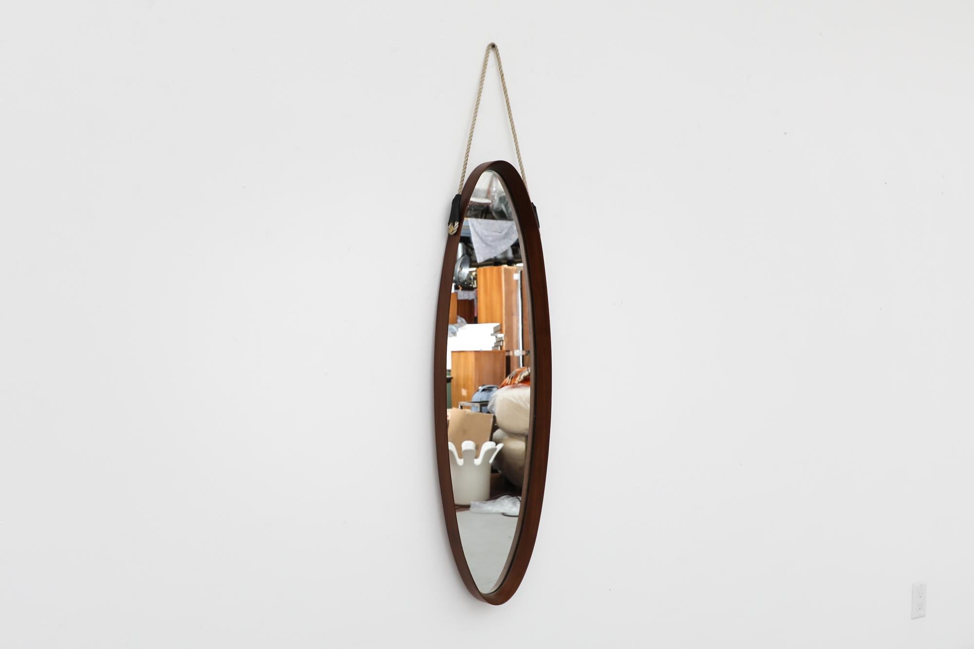 Mid-20th Century Italian Mid-Century Bent Teak Long Oval Mirror with Rope Strap For Sale