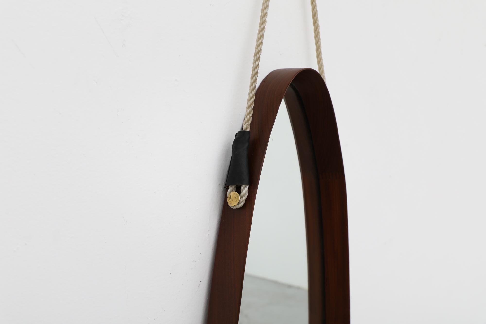 Italian Mid-Century Bent Teak Long Oval Mirror with Rope Strap For Sale 1