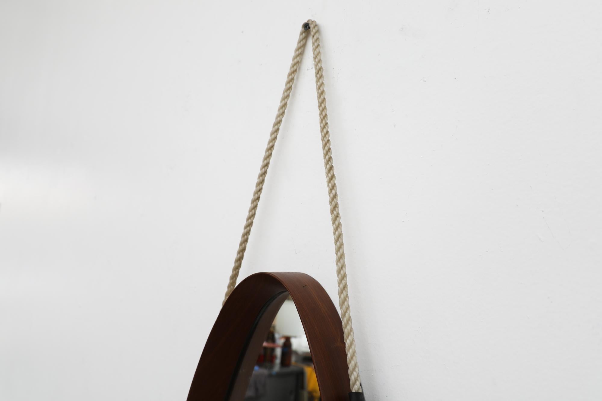 Italian Mid-Century Bent Teak Long Oval Mirror with Rope Strap 2