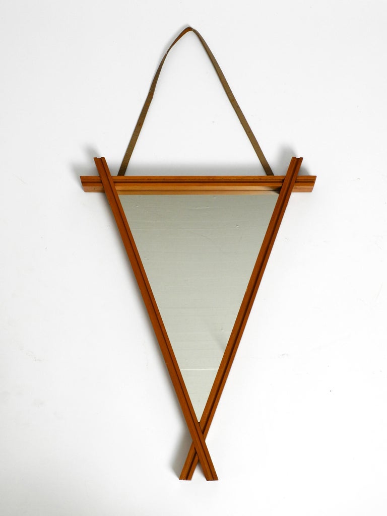 Italian MidCentury Teak Triangle Wall Mirror with Leather Hanging