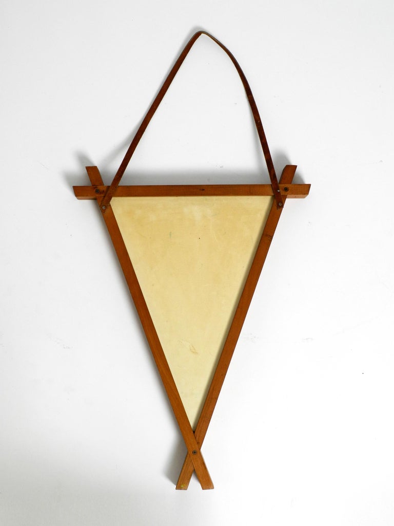 Italian MidCentury Teak Triangle Wall Mirror with Leather Hanging