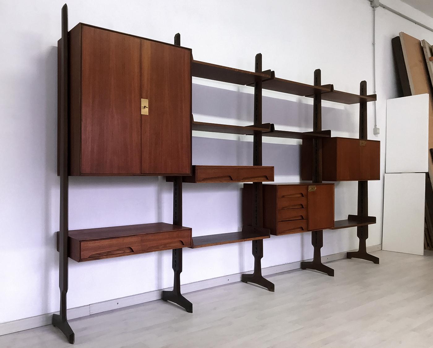 Mid-20th Century Italian Mid-Century Teak Wood Bookcase Four Modules by Vittorio Dassi, 1950s