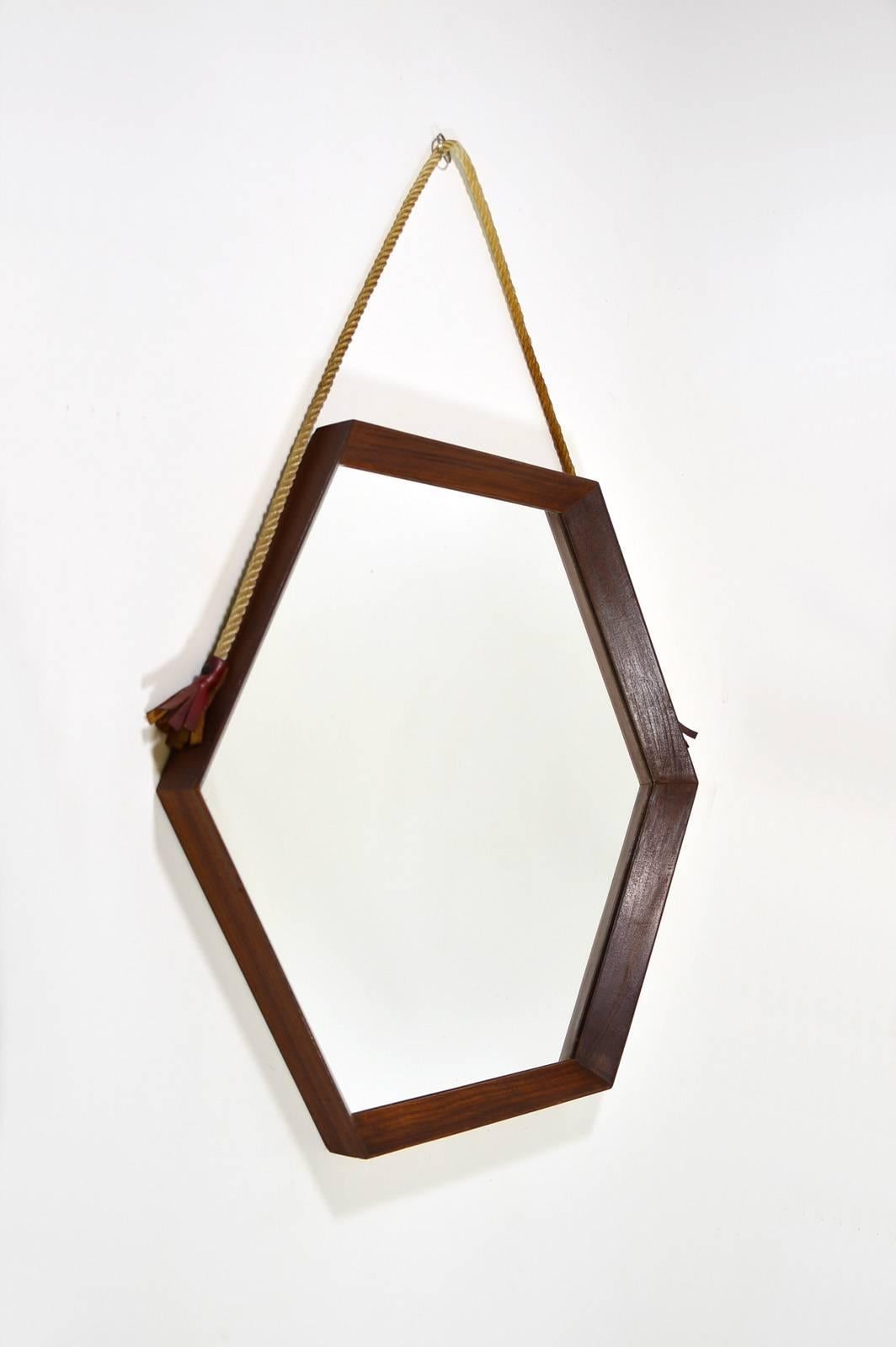 Italian midcentury teak wood hexagonal mirror, in good original condition.