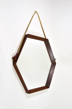 Italian Midcentury Teak Wood Hexagonal Mirror