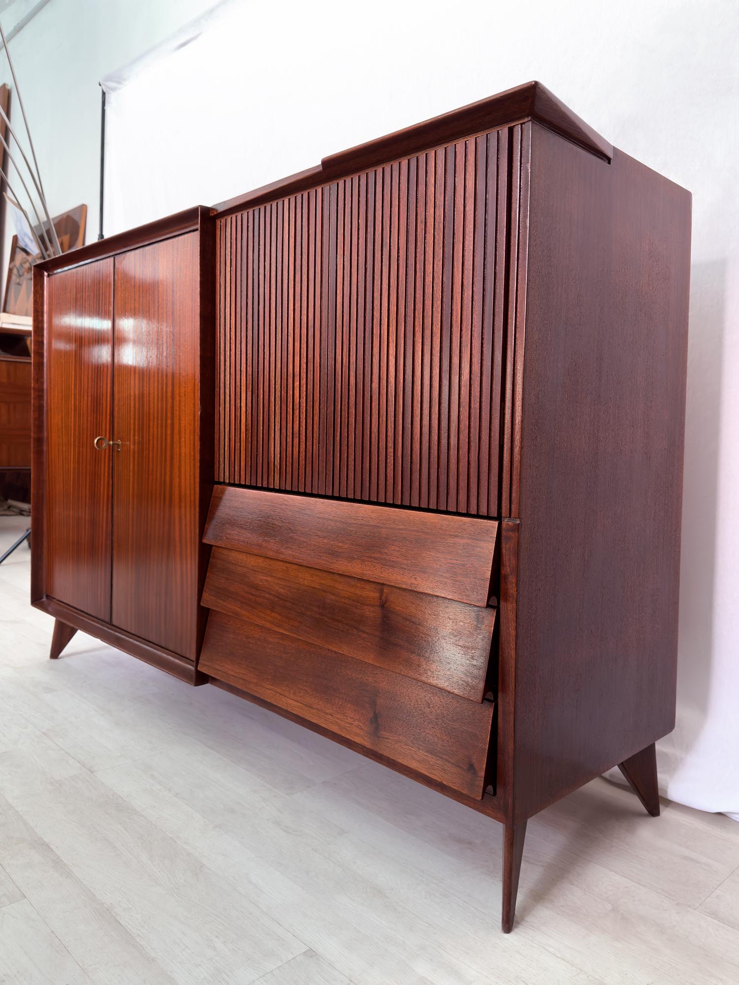 Mid-Century Modern Italian Mid-Century Teak Wood Sideboard with Bar Cabinet by Vittorio Dassi, 1950s For Sale