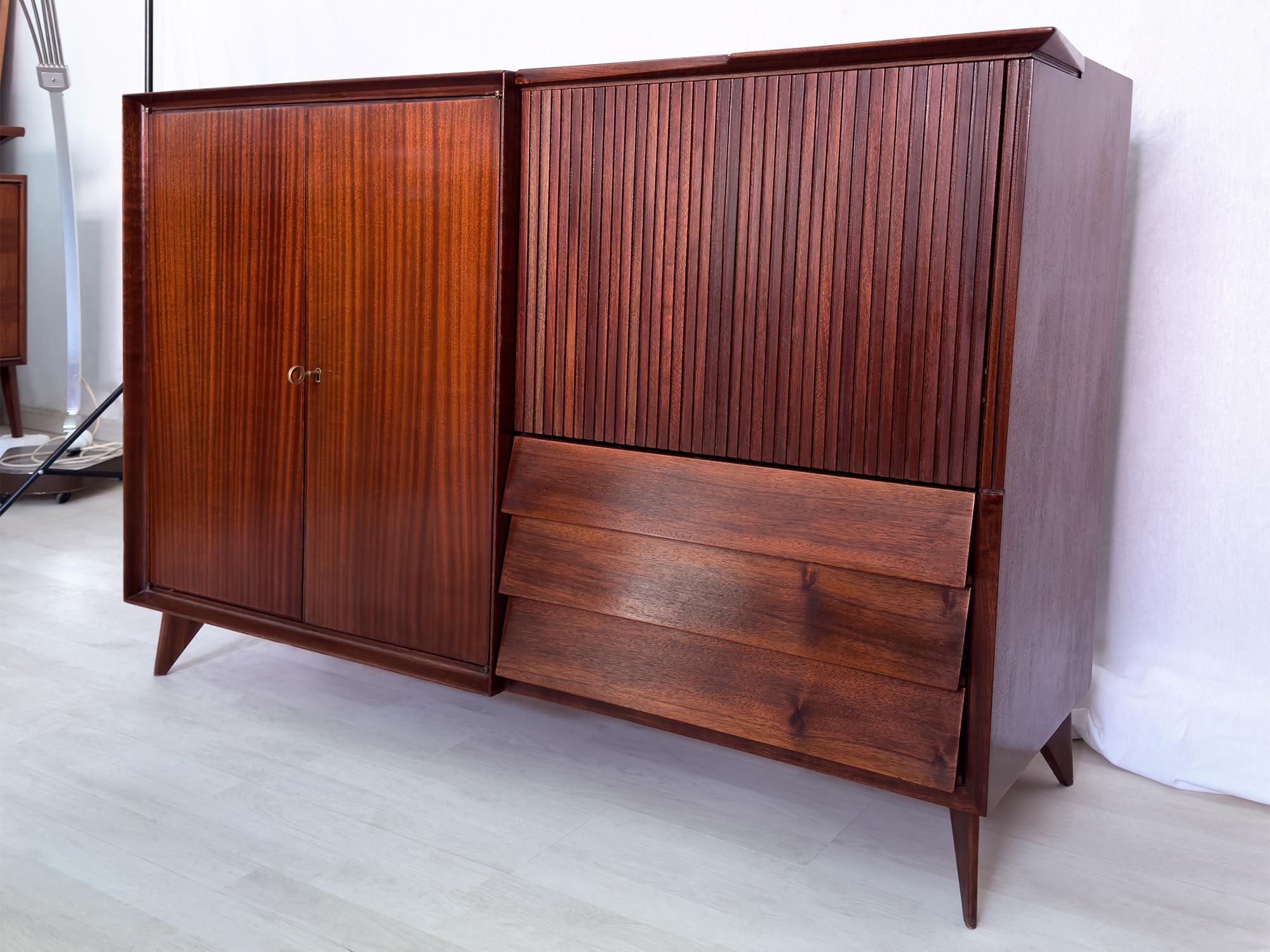 Brass Italian Mid-Century Teak Wood Sideboard with Bar Cabinet by Vittorio Dassi, 1950s For Sale