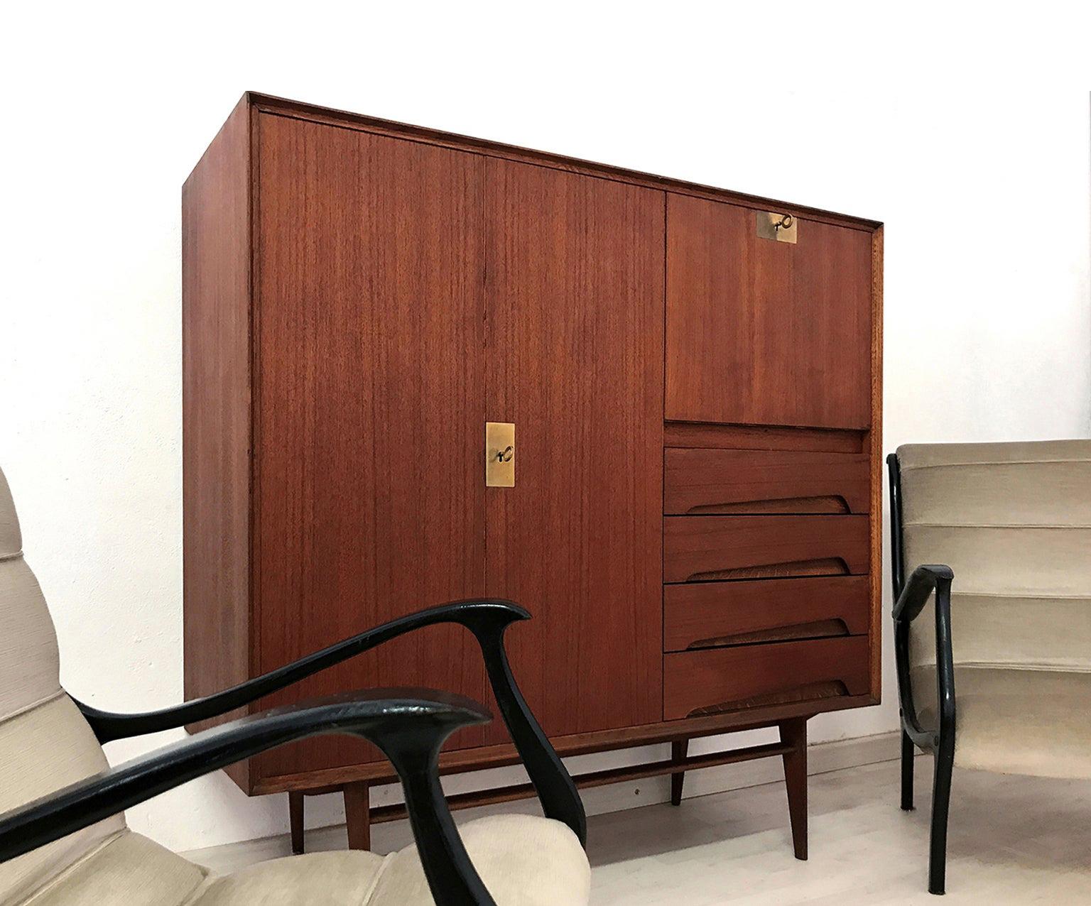 Brass Italian Mid-Century Teak Wood Sideboard with Secretaire by Vittorio Dassi, 1950s