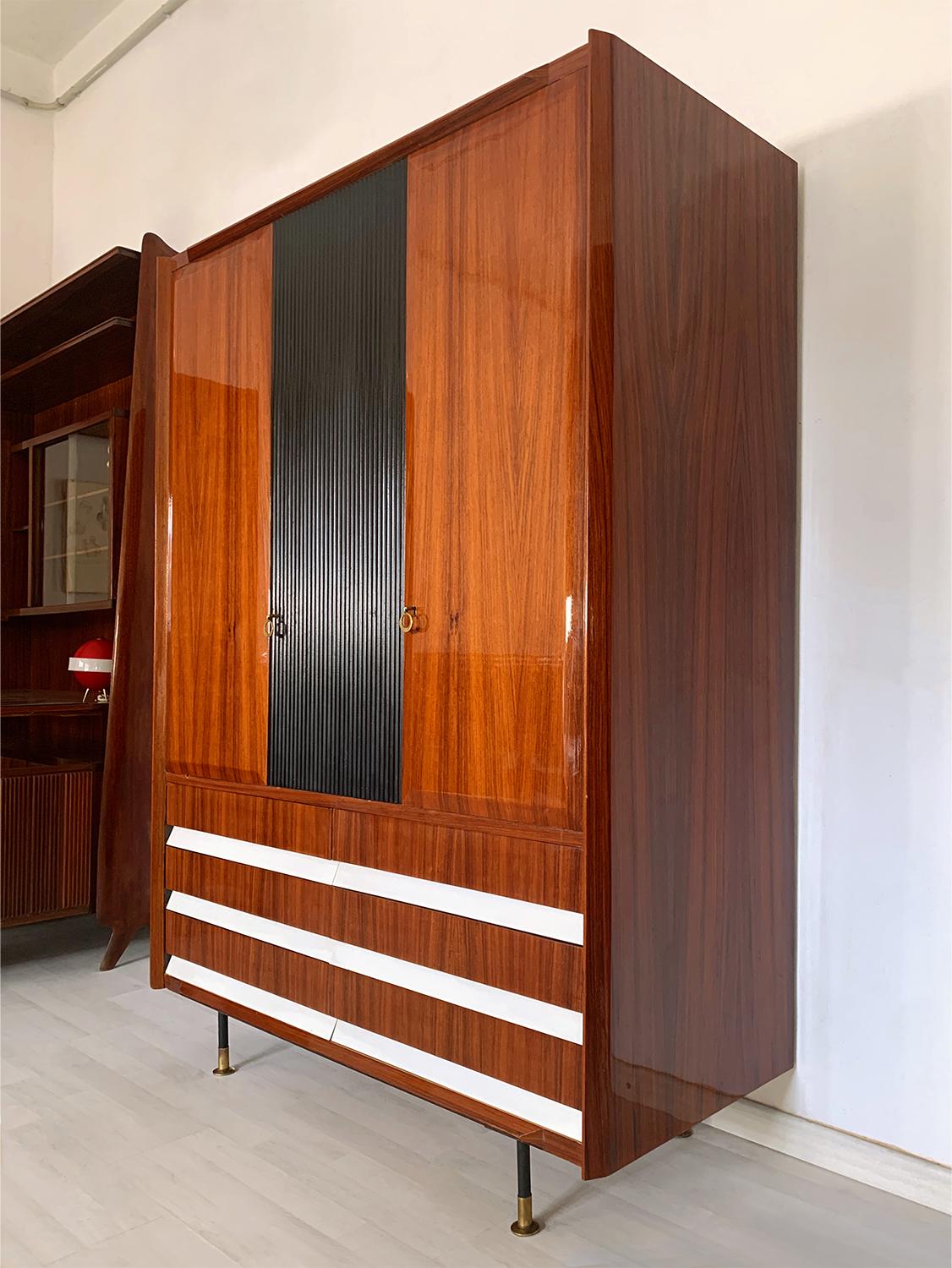 Italian Mid-Century Teak Wood Wardrobe 3-Door by Vittorio Dassi, 1950s 9
