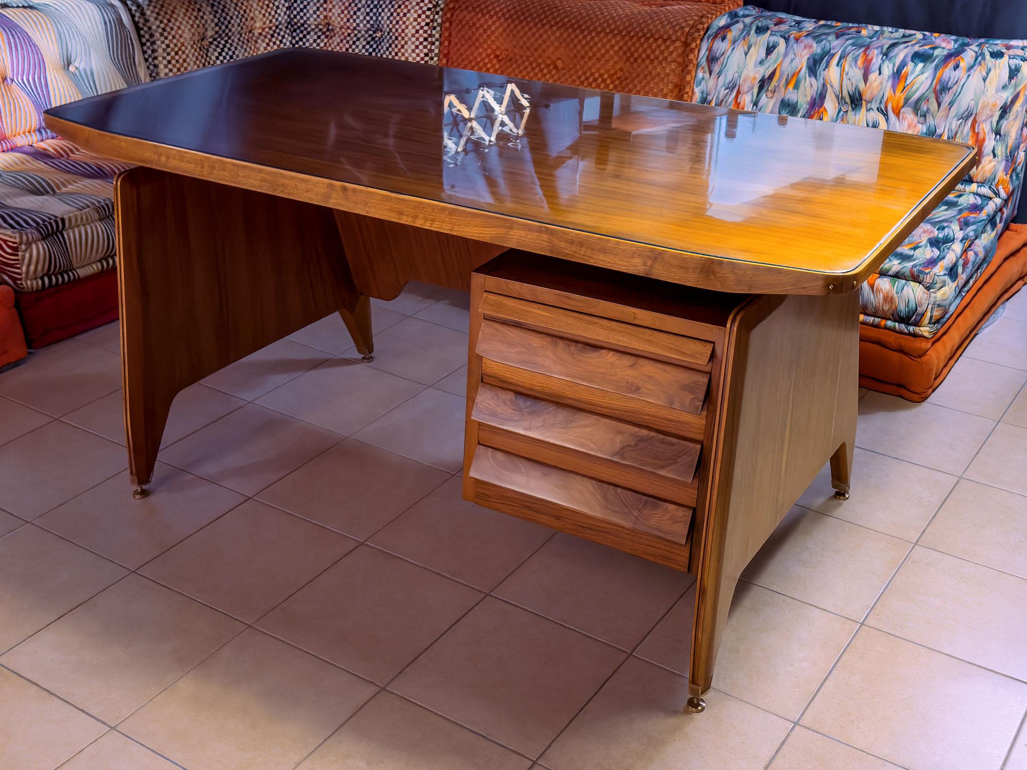 Brass Italian Mid-Century Teakwood Writing Desk by Vittorio Dassi, 1950s For Sale