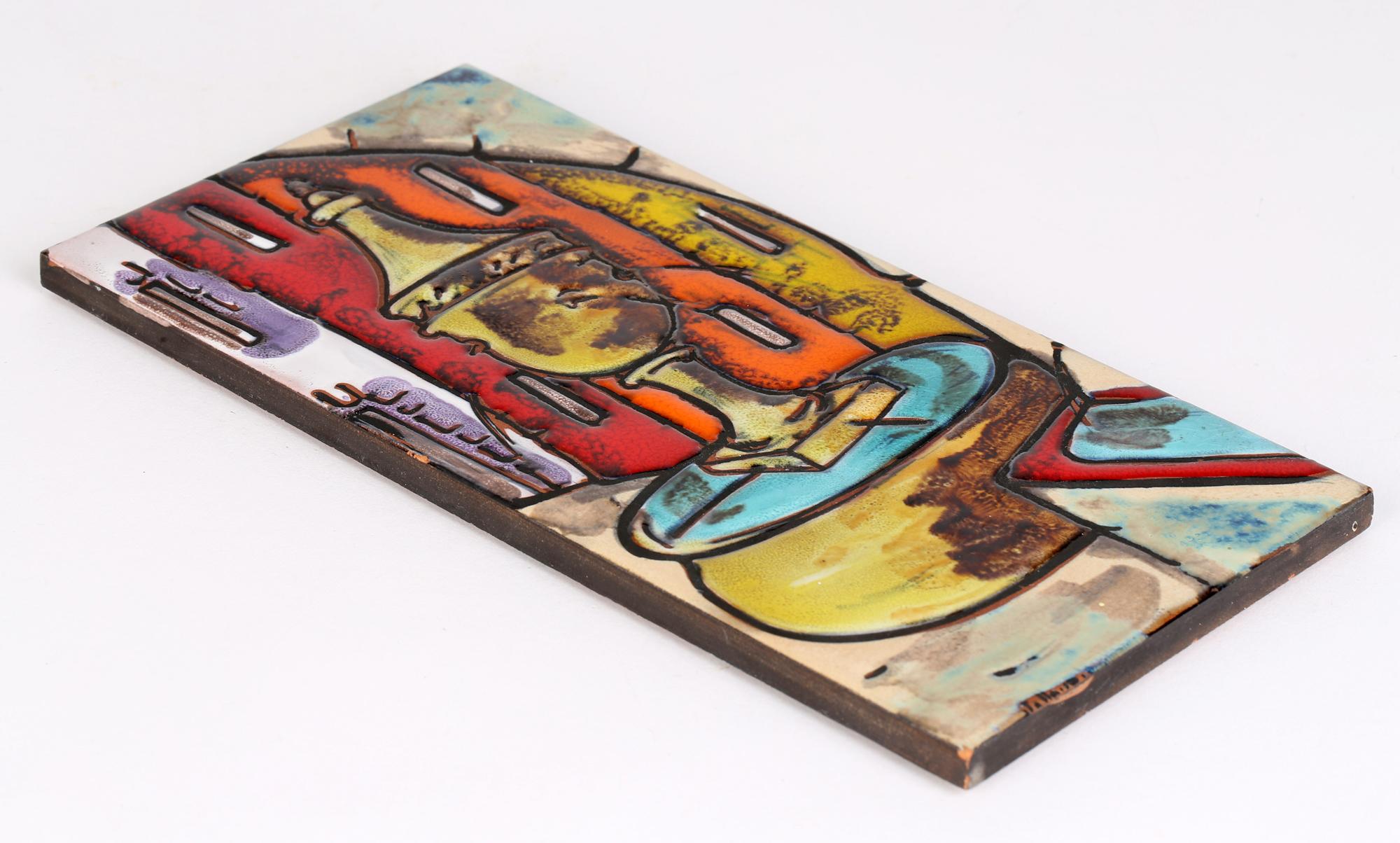 Hand-Crafted Italian Mid-Century Terracotta Hand Decorated Street Scene & Fountain Tile For Sale