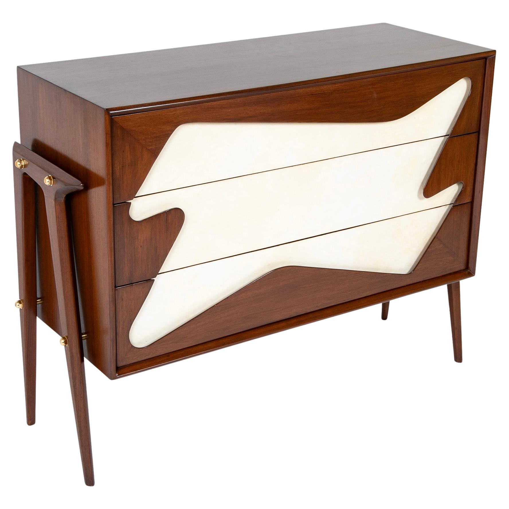 Italian Mid-Century Three Drawer Dresser with Free Form Parchment Design For Sale