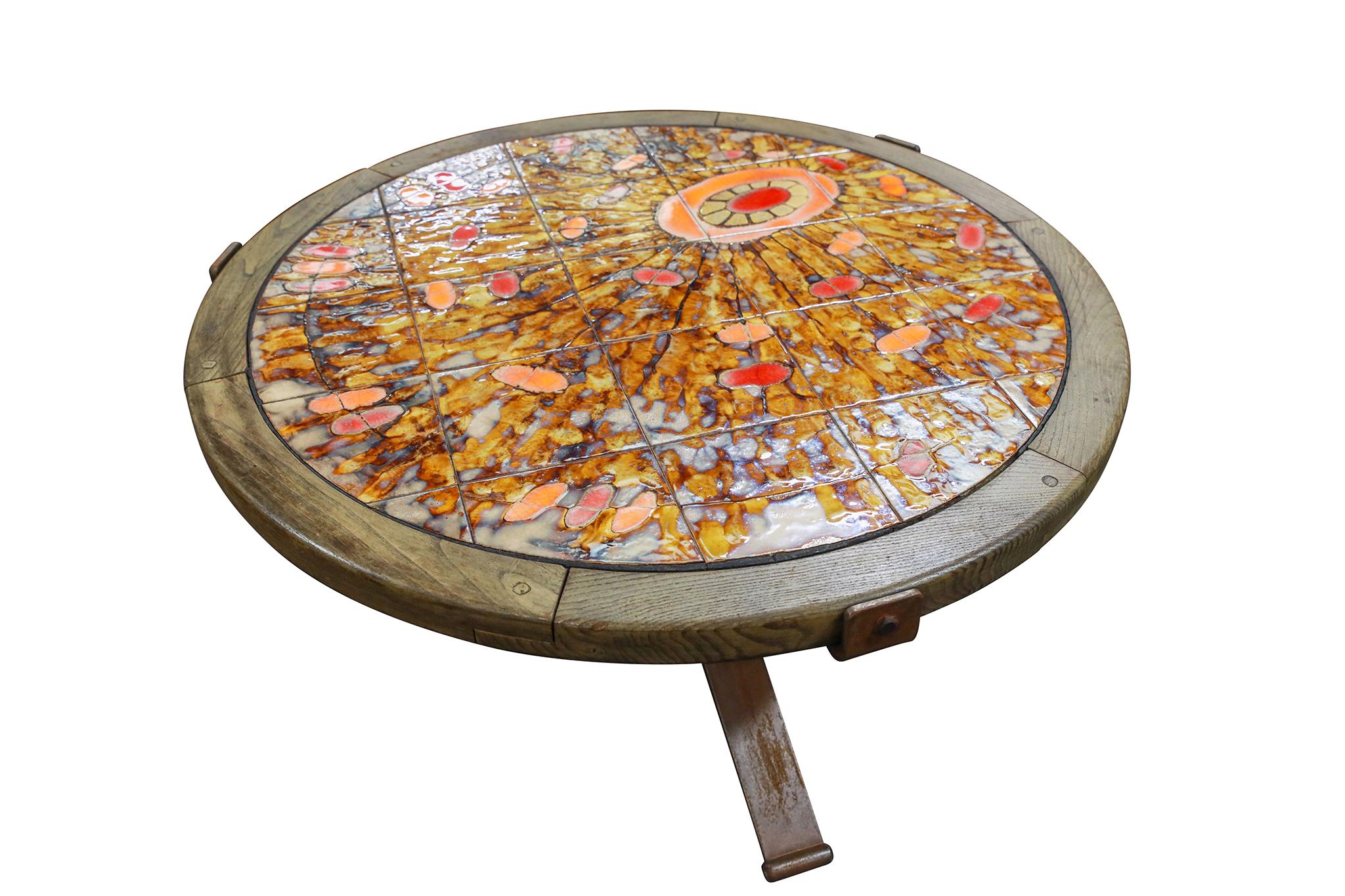 20th Century Italian Mid-Century Tile, Wood, & Iron Coffee Table For Sale
