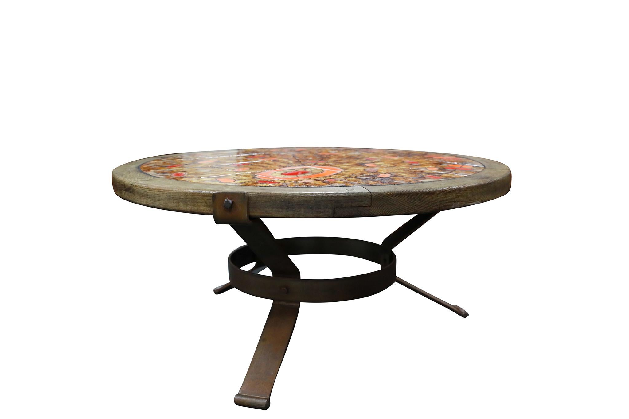 Ceramic Italian Mid-Century Tile, Wood, & Iron Coffee Table For Sale