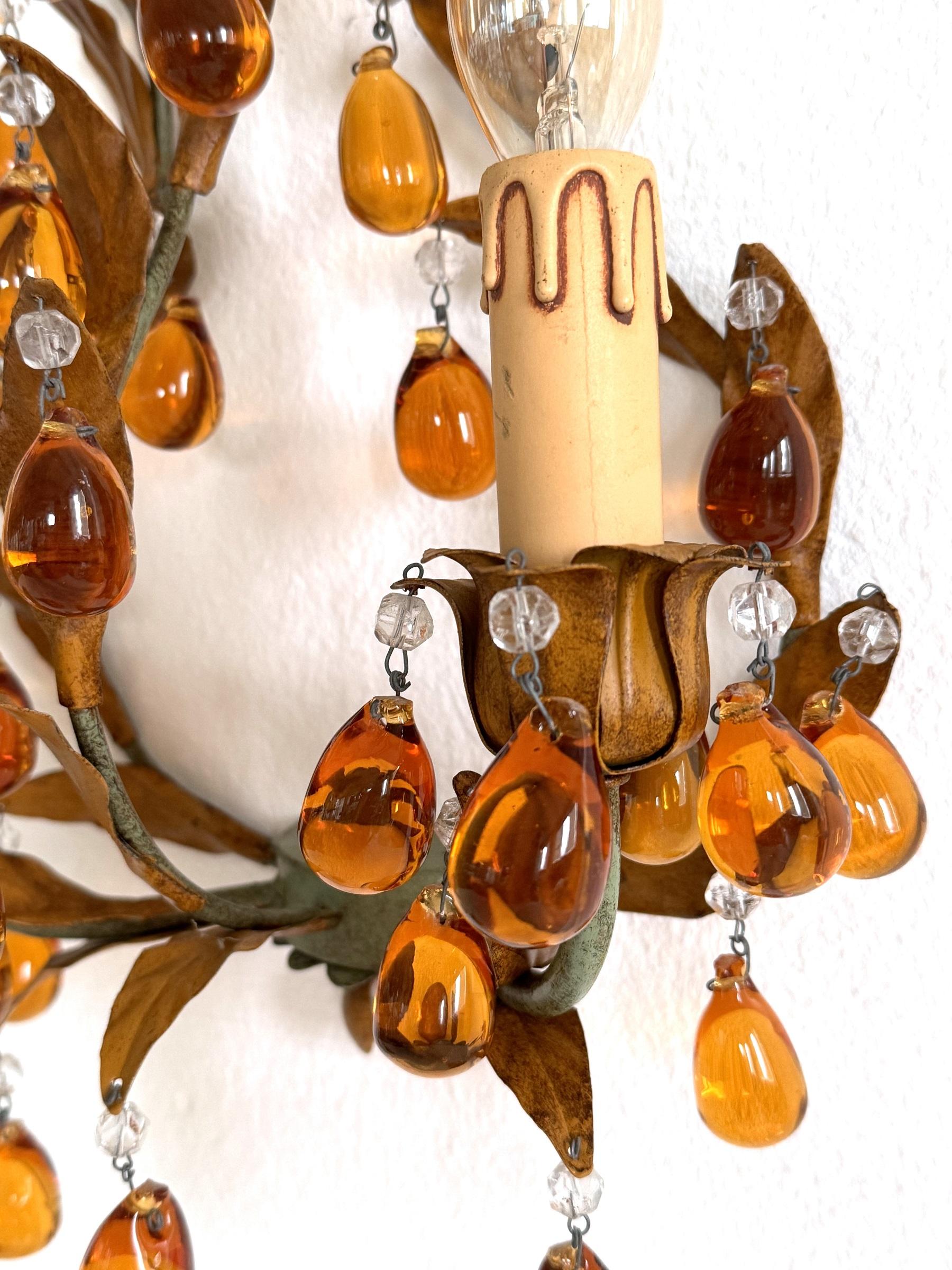 Italian Mid-century Tole and Amber Murano Glass Drops Wall Sconces, 1950s For Sale 3