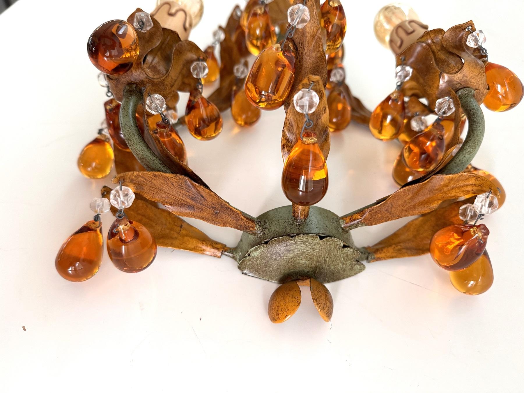 Italian Mid-century Tole and Amber Murano Glass Drops Wall Sconces, 1950s For Sale 4