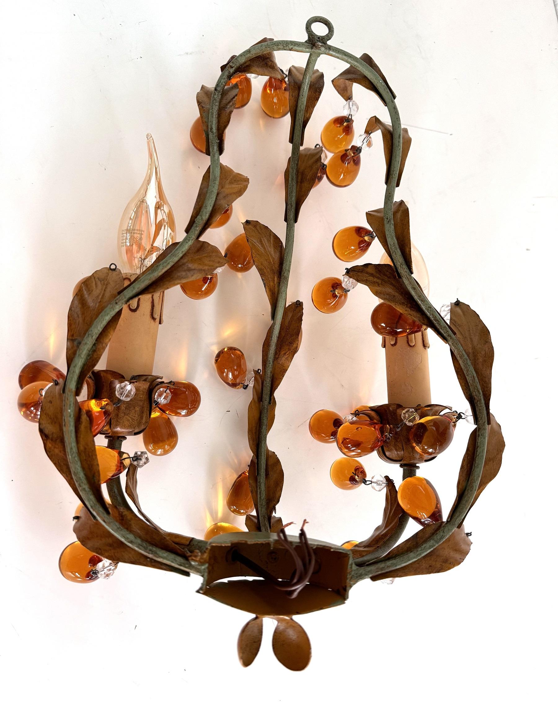 Italian Mid-century Tole and Amber Murano Glass Drops Wall Sconces, 1950s For Sale 5