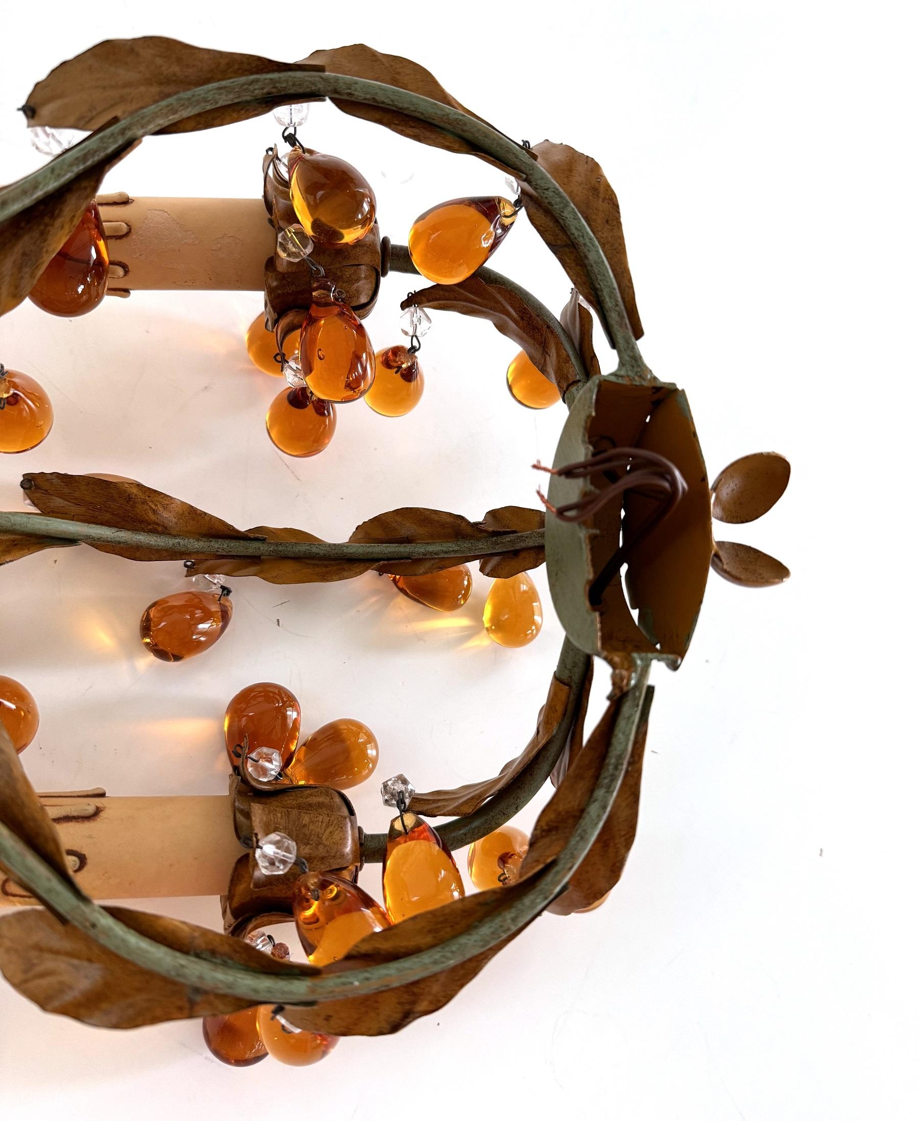 Italian Mid-century Tole and Amber Murano Glass Drops Wall Sconces, 1950s For Sale 6
