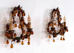 Italian Mid-century Tole and Amber Murano Glass Drops Wall Sconces, 1950s