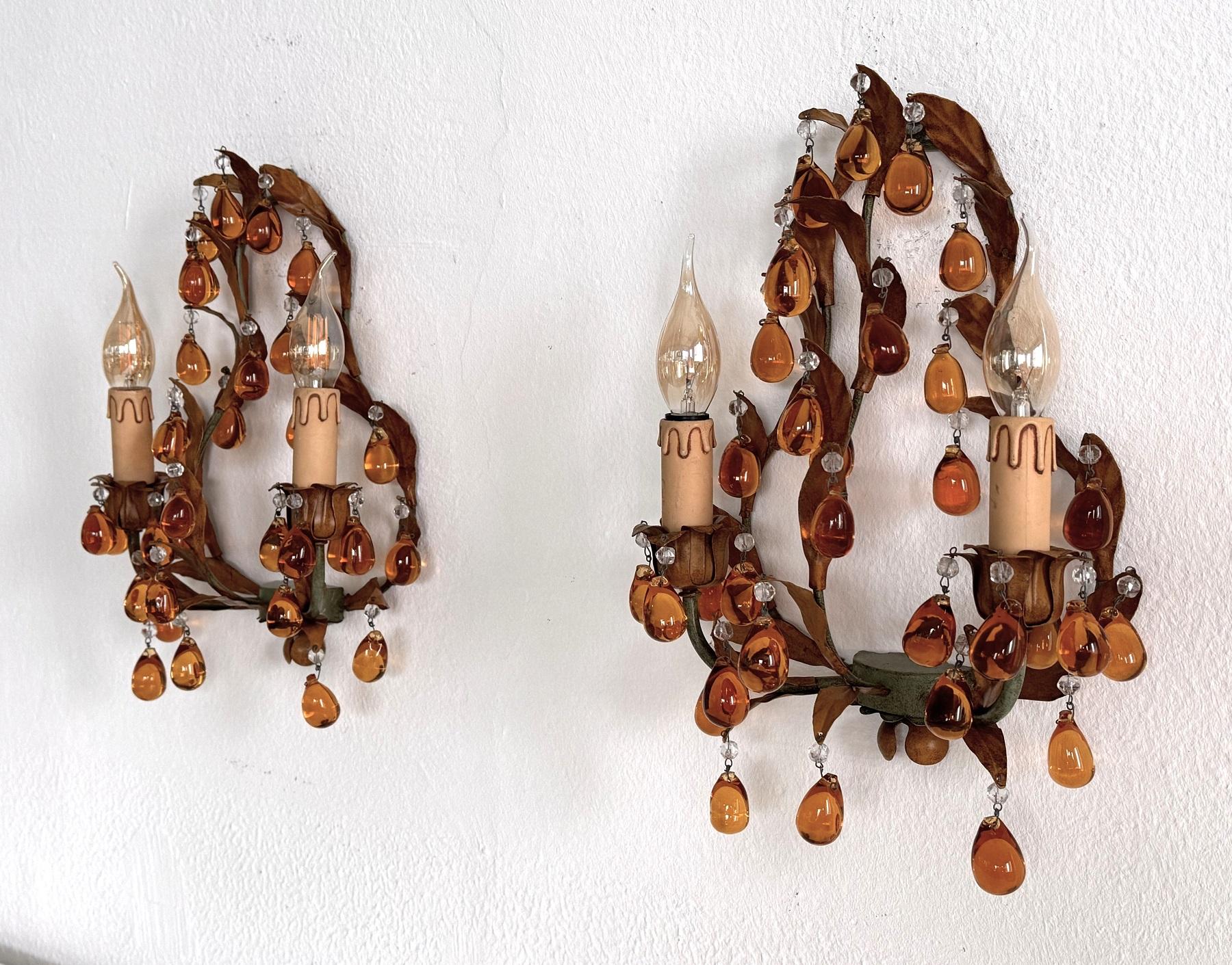 Mid-Century Modern Italian Mid-century Tole and Amber Murano Glass Drops Wall Sconces, 1950s For Sale