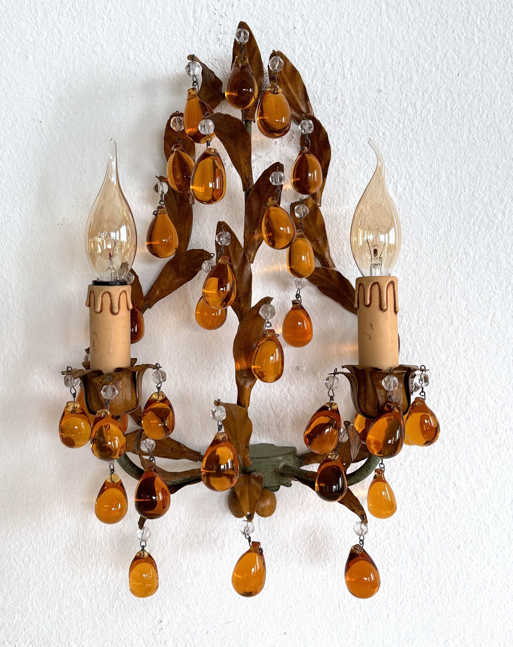 Hand-Crafted Italian Mid-century Tole and Amber Murano Glass Drops Wall Sconces, 1950s For Sale