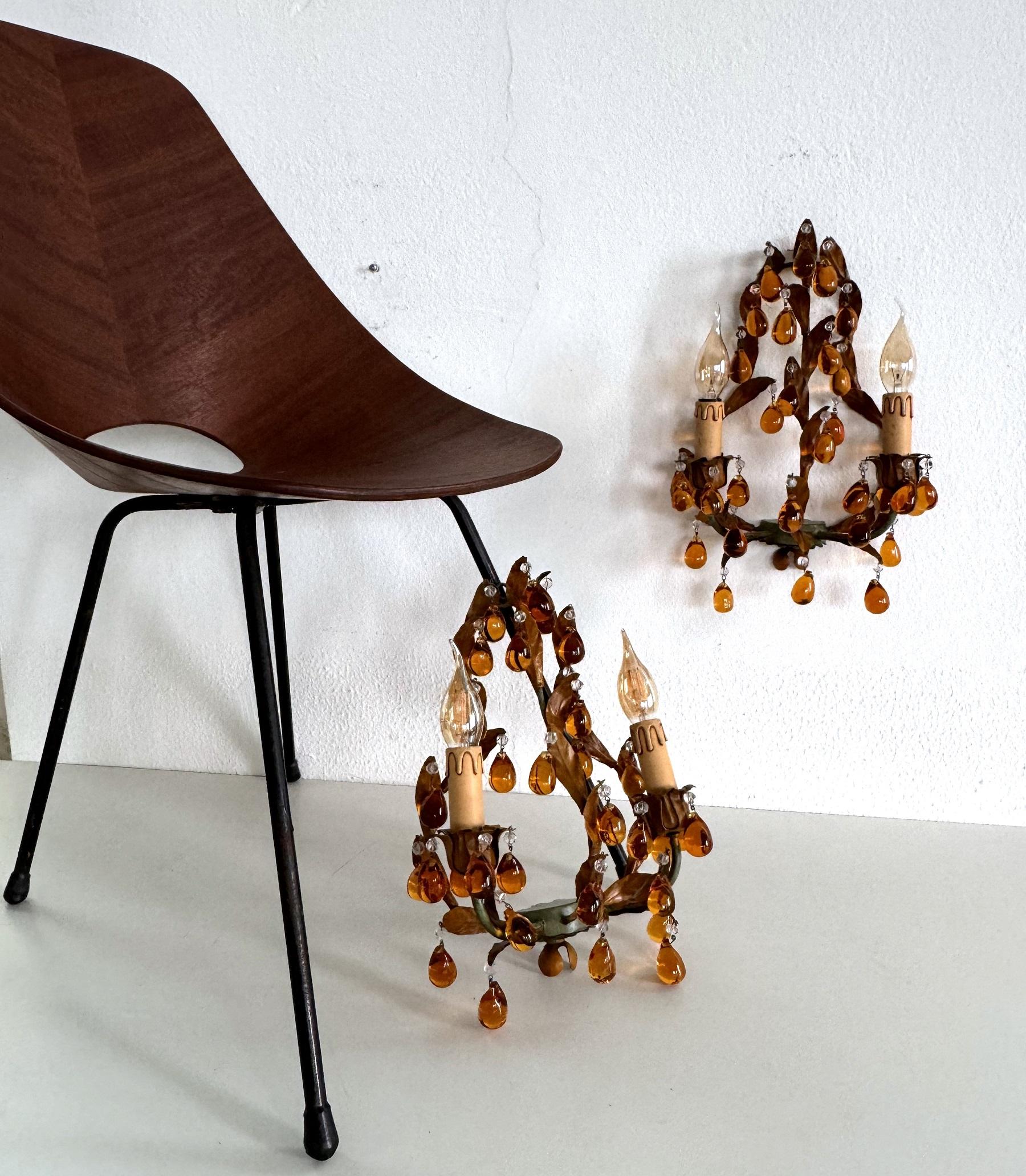 Mid-20th Century Italian Mid-century Tole and Amber Murano Glass Drops Wall Sconces, 1950s For Sale