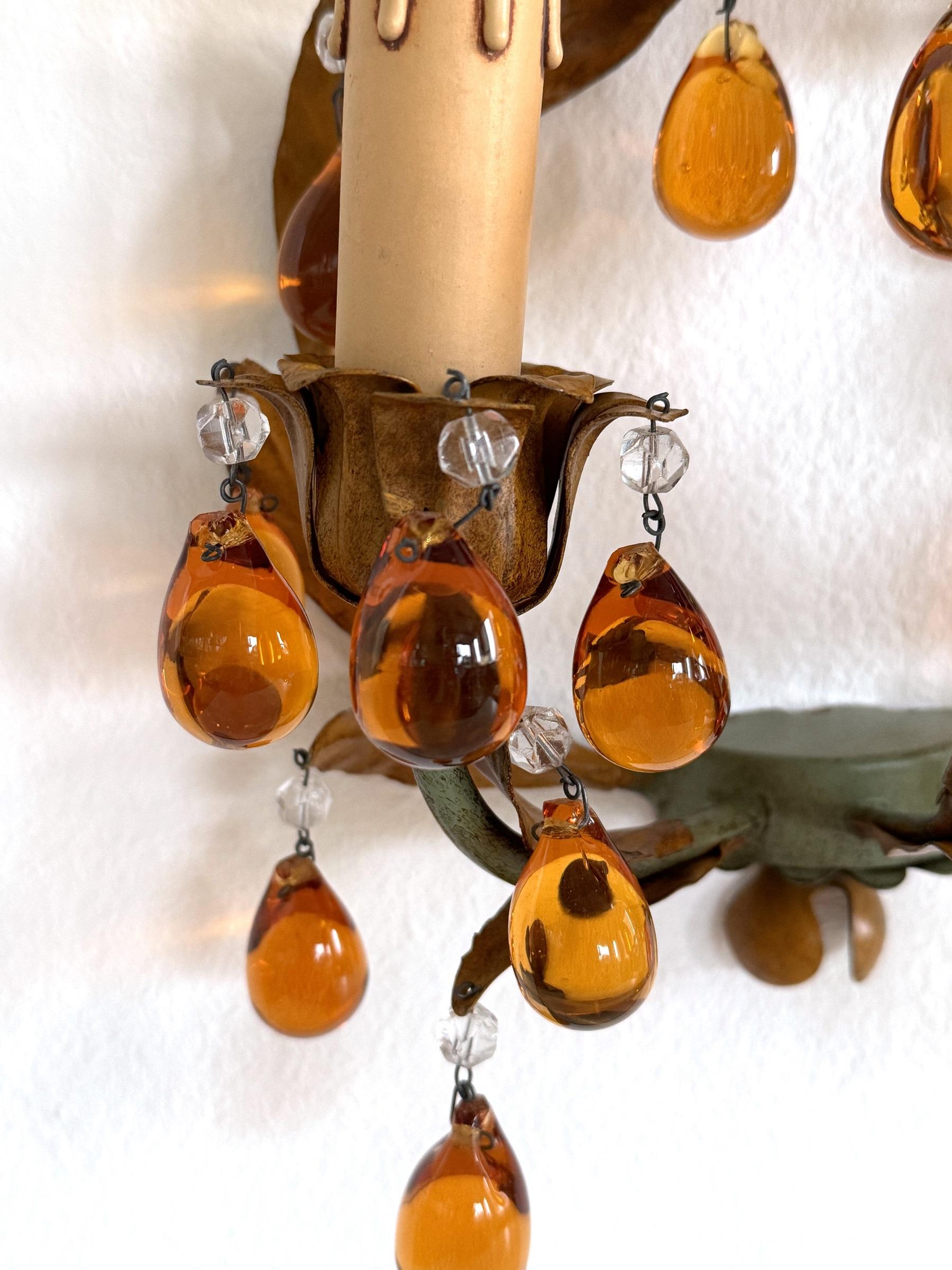 Metal Italian Mid-century Tole and Amber Murano Glass Drops Wall Sconces, 1950s For Sale