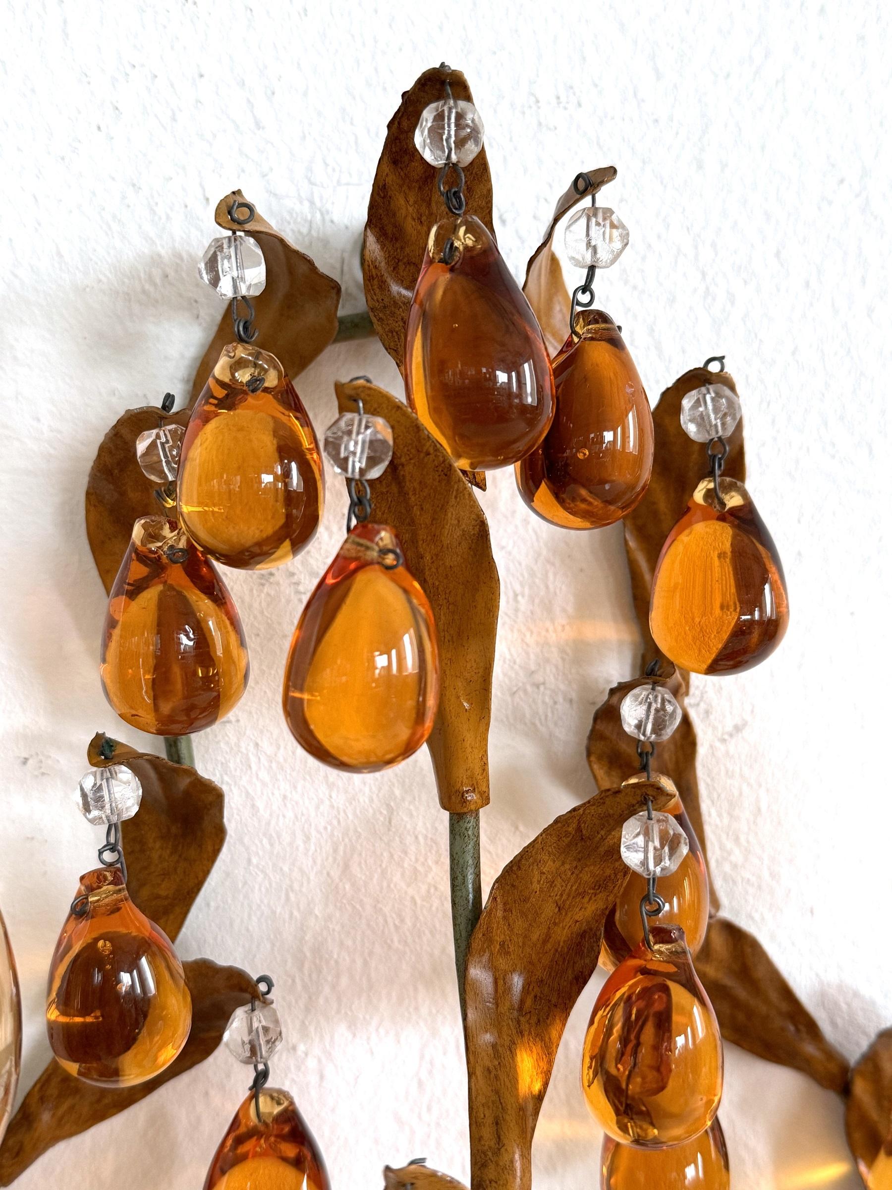 Italian Mid-century Tole and Amber Murano Glass Drops Wall Sconces, 1950s For Sale 1
