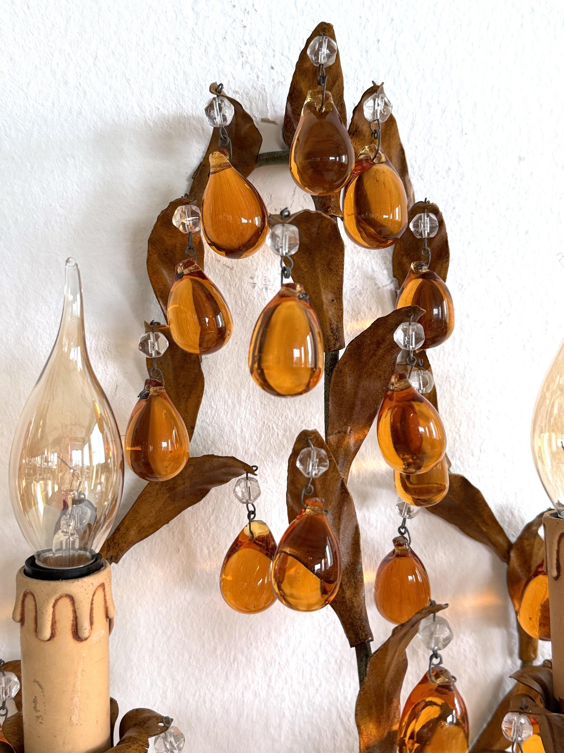 Italian Mid-century Tole and Amber Murano Glass Drops Wall Sconces, 1950s For Sale 2