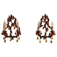 Italian Mid-century Tole and Amber Murano Glass Drops Wall Sconces, 1950s