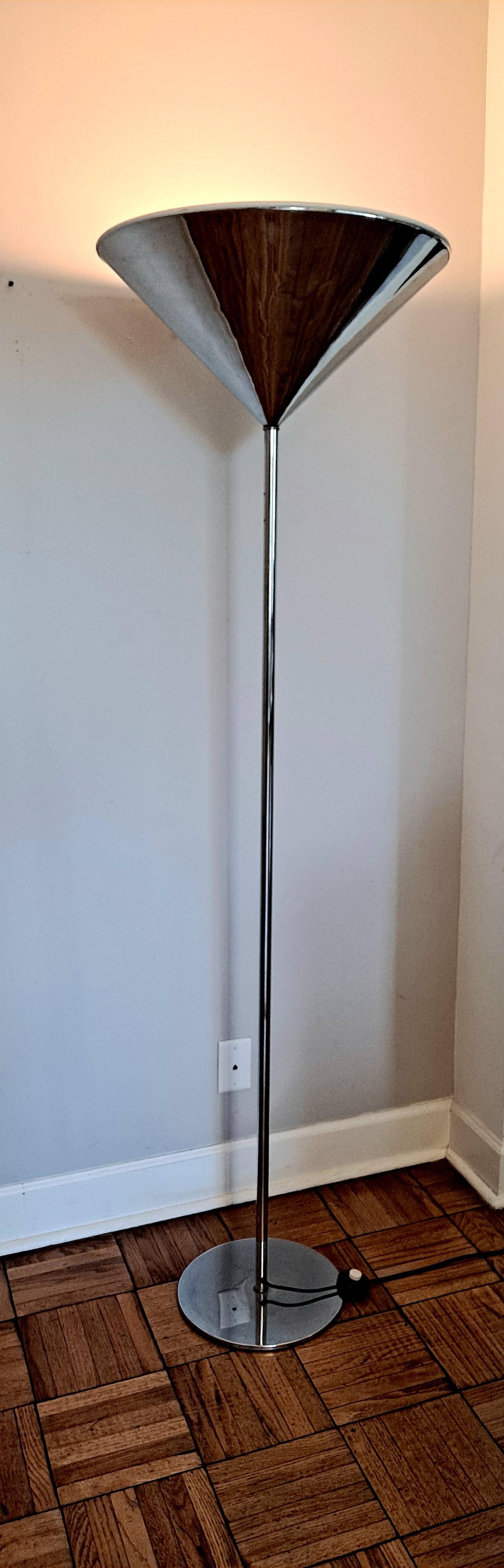  Italian Mid-century modern floor lamp .Lamp is in original condition and it is a large lamp .Torchiere lamp with a wide shade and single bulb.
