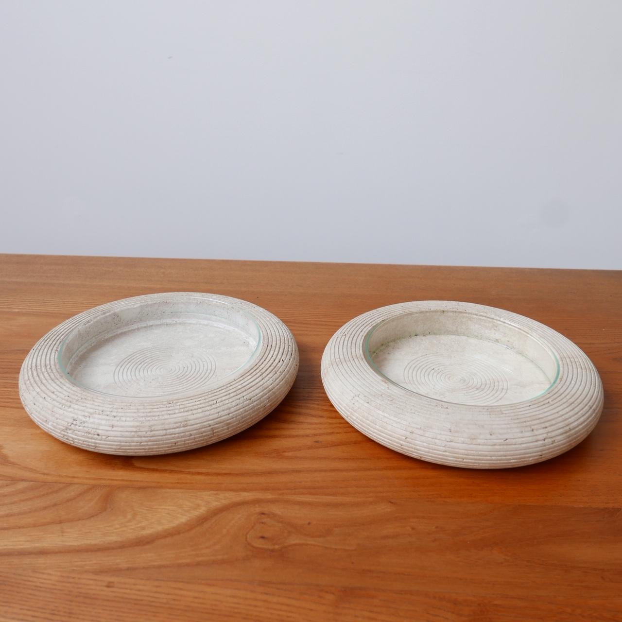 Italian Mid-Century Travertine and Glass Bowls '2' In Good Condition For Sale In London, GB