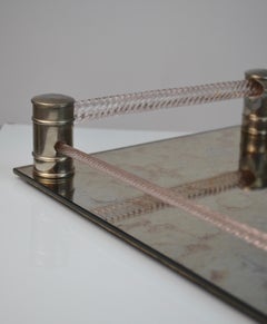 Italian mid-century tray with twisted pink glass and mirrored base