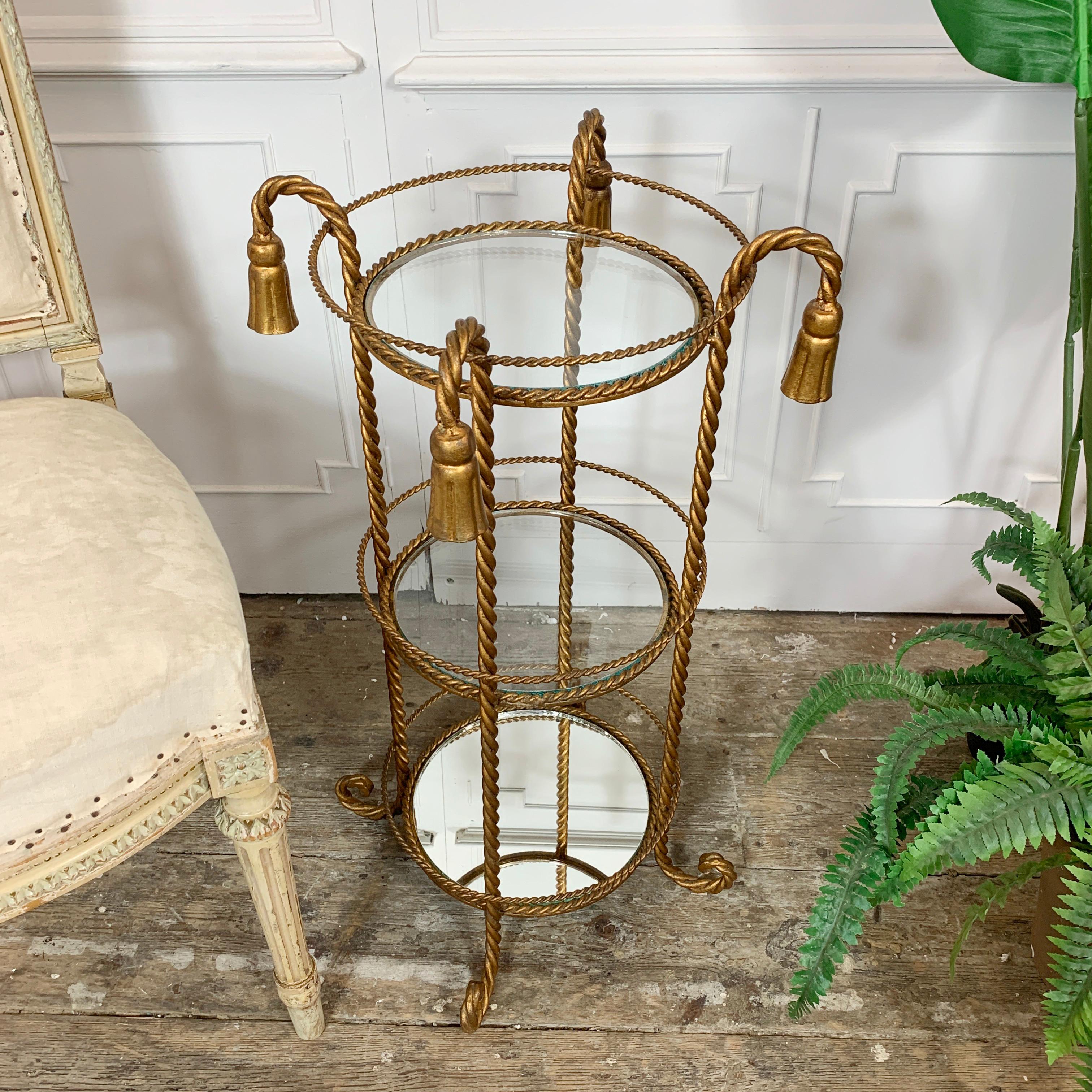 Gilt Italian Mid Century Triple Tiered Glass and Mirror Gold Tassel Stand For Sale
