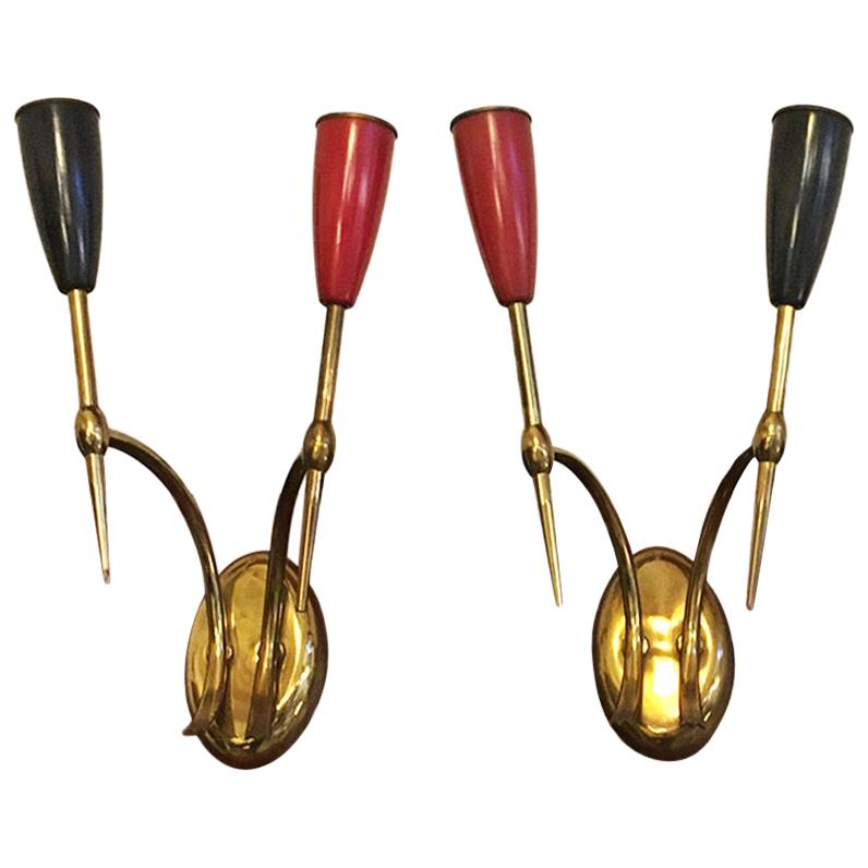 Italian Mid-Century Two-Arm Brass Wall Lamps with Cone Lamp Holder, 1950s For Sale