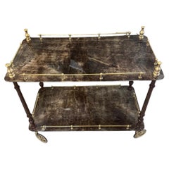 Italian Mid-Century Two-Tier Bar Cart in Goatskin Parchment & Brass, Circa 1960s