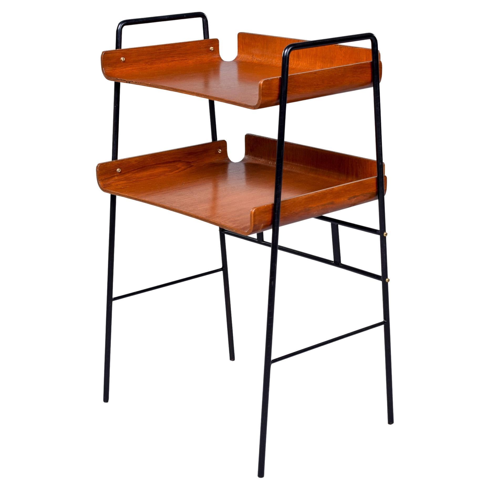 Italian Mid-Century Two Tier Bentwood Table with Slender Black Iron Frame For Sale