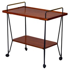 Italian Mid Century Two Tier Wood Trolley Table with Black Iron and Brass Frame