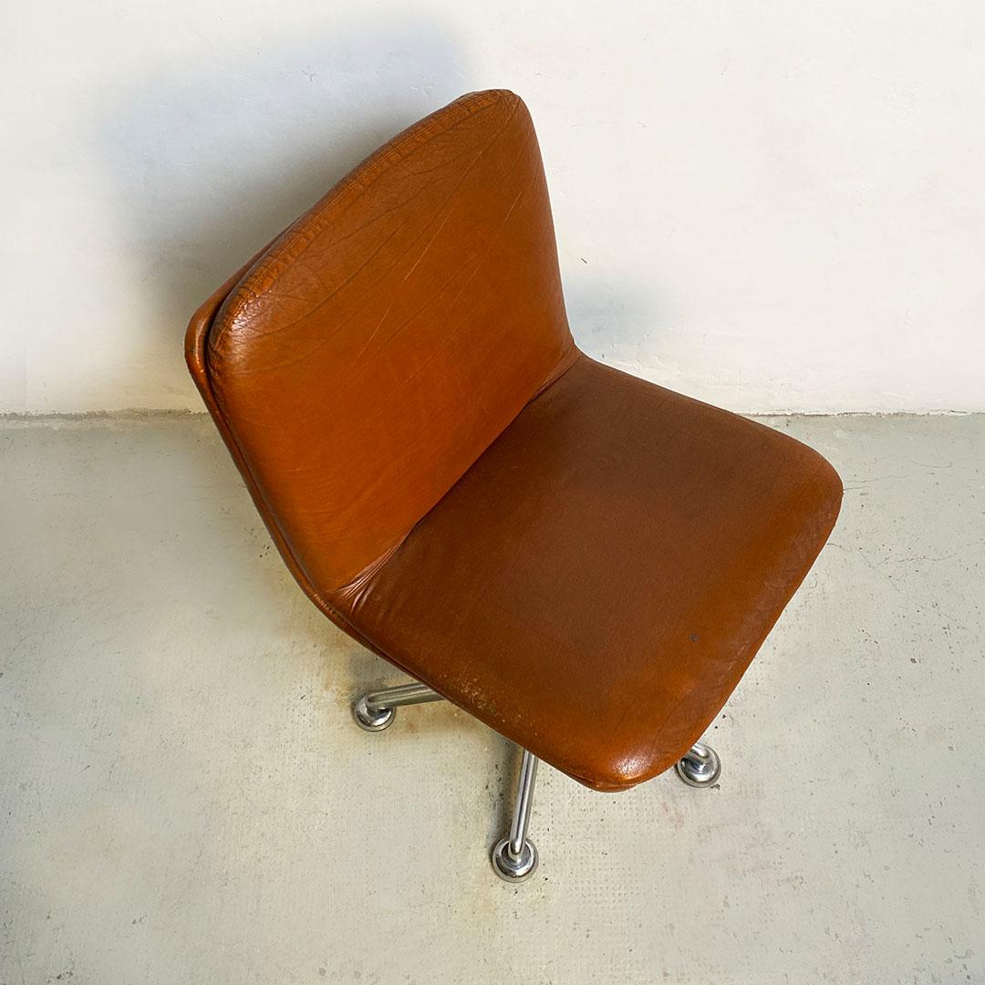 Steel Italian Mid Century Upholstered Office Chair in Original Brown Leather, 1970s