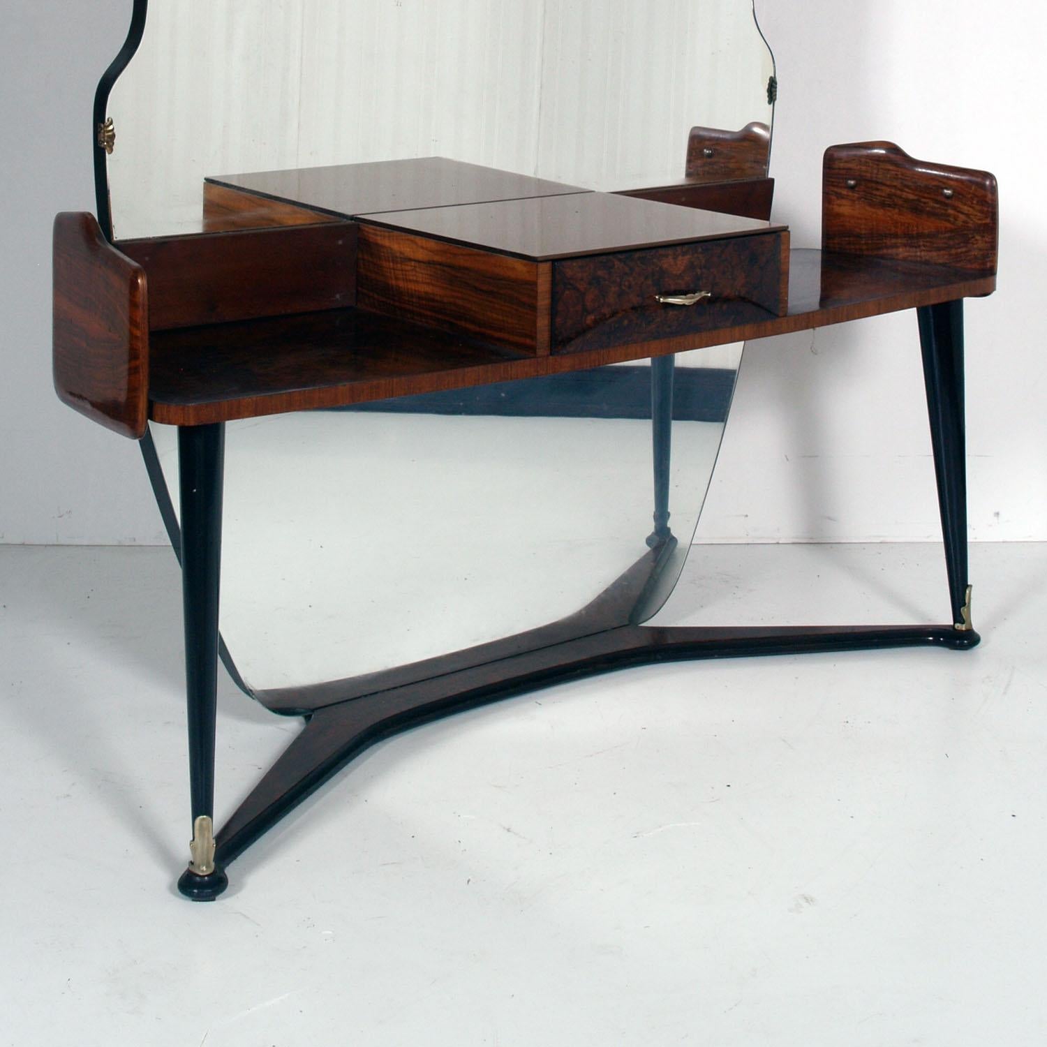 Italian Mid-Century Vanity Console by Cesare Lacca  with Mirror in Burl Walnut For Sale 1