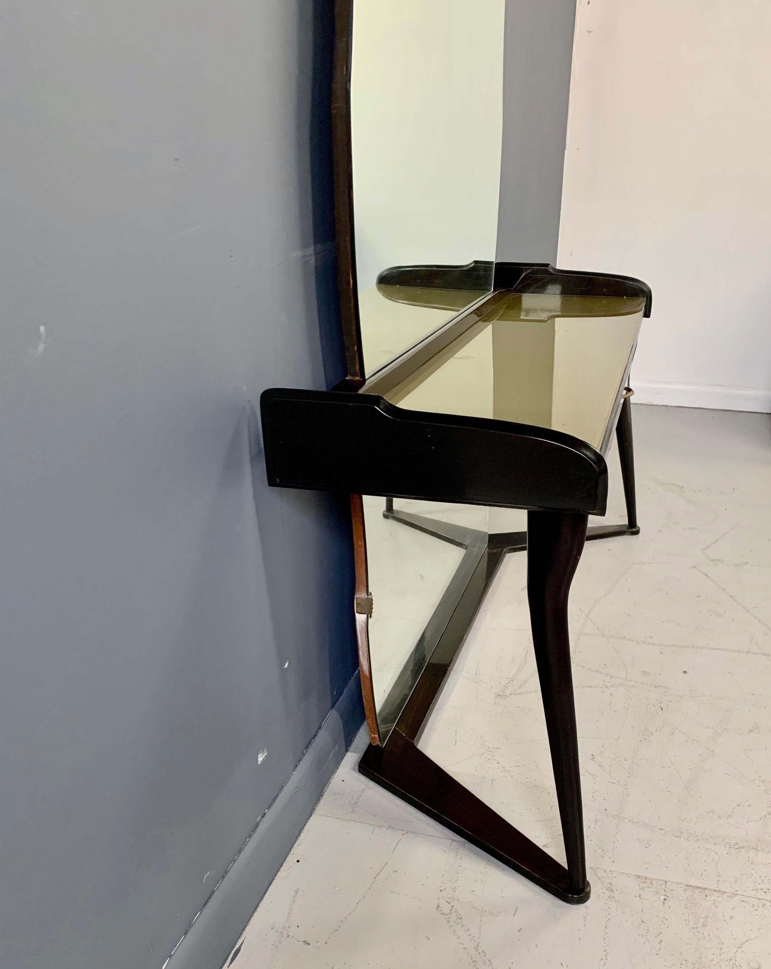 Mid-Century Modern Italian Midcentury Vanity Console Table Cesare Lacca Style with Large Mirror For Sale