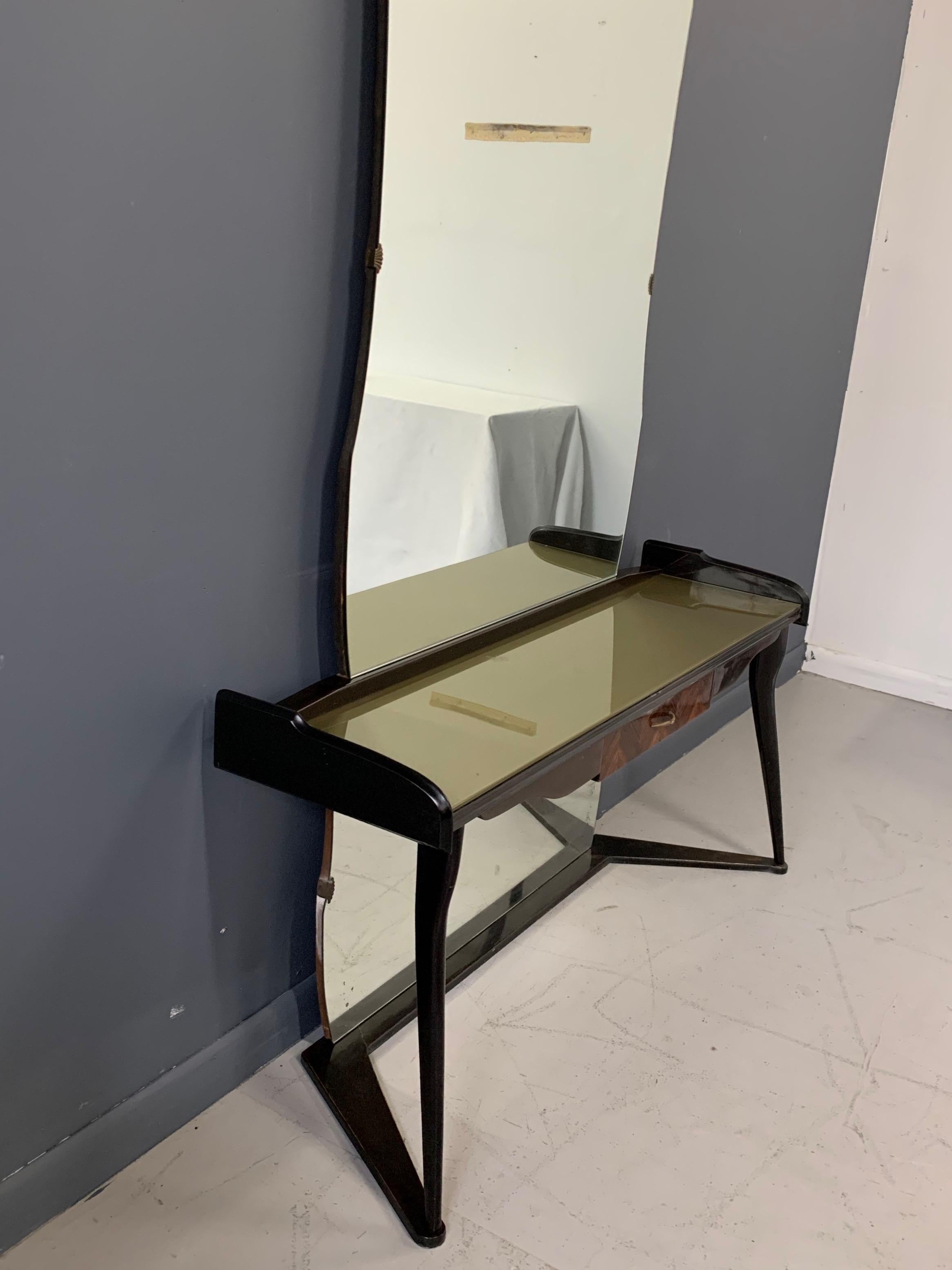 Italian Midcentury Vanity Console Table Cesare Lacca Style with Large Mirror In Good Condition For Sale In Philadelphia, PA