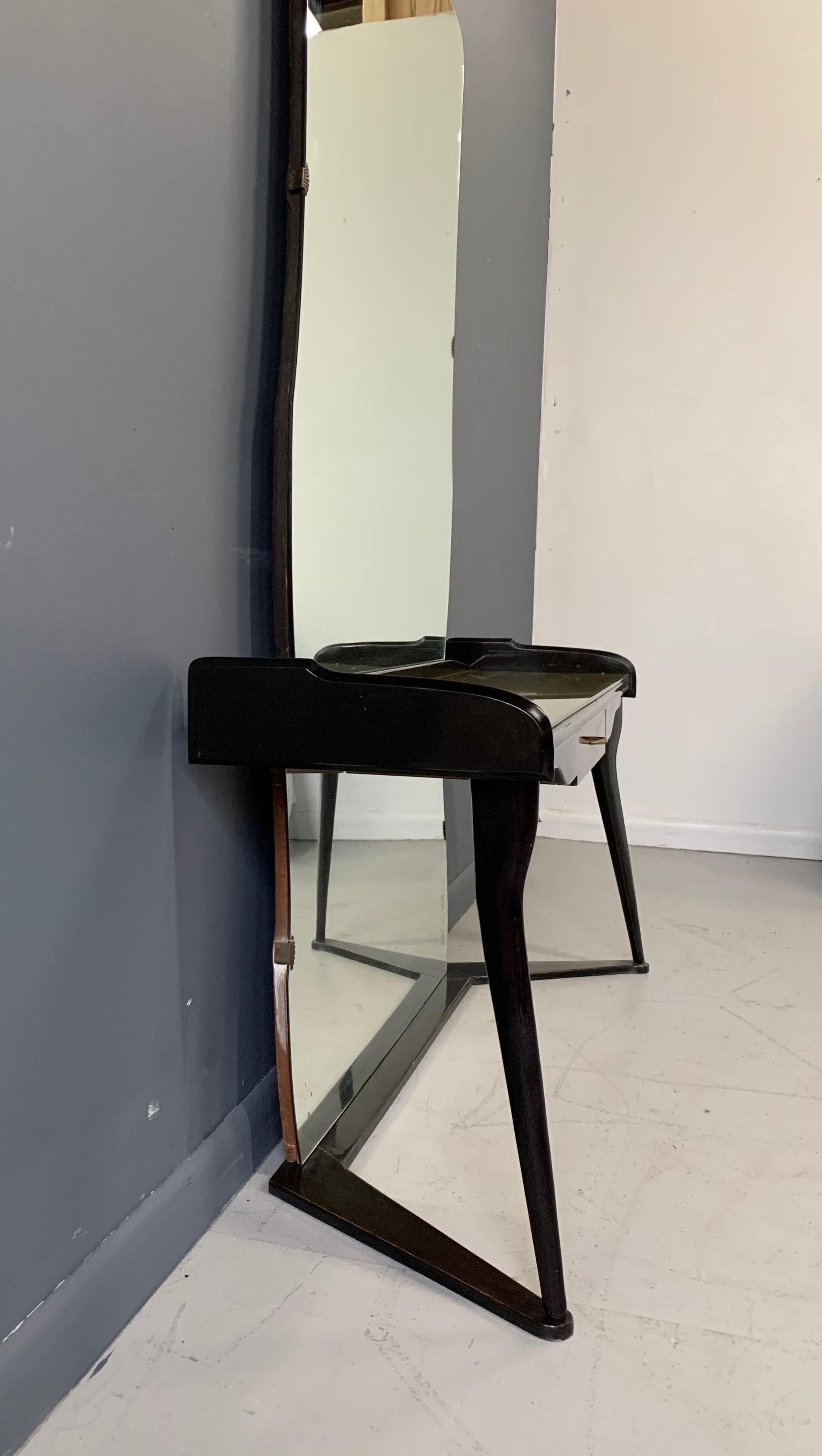20th Century Italian Midcentury Vanity Console Table Cesare Lacca Style with Large Mirror For Sale
